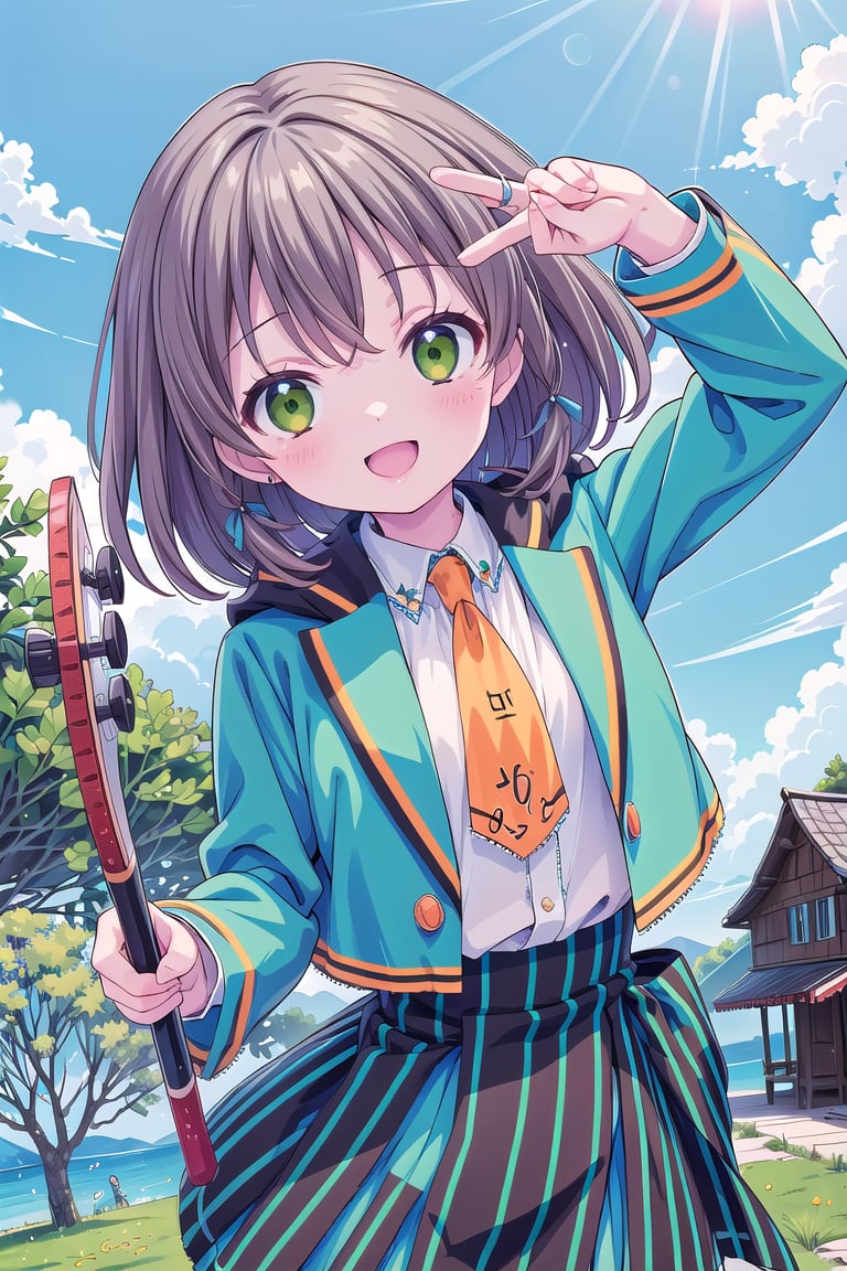 (Best picture quality, Top quality, Masterpiece: 1.3), (Sharp picture quality),Brown hair,blue -green jacket, Black neck collar,orange tie,White blouse, school uniform,Skirt with green and black vertical stripes,frills,Playing Erhu, cute, smiling,Beautiful scenery, solo,((blue sky)),The sun, midsummer,Lake shores