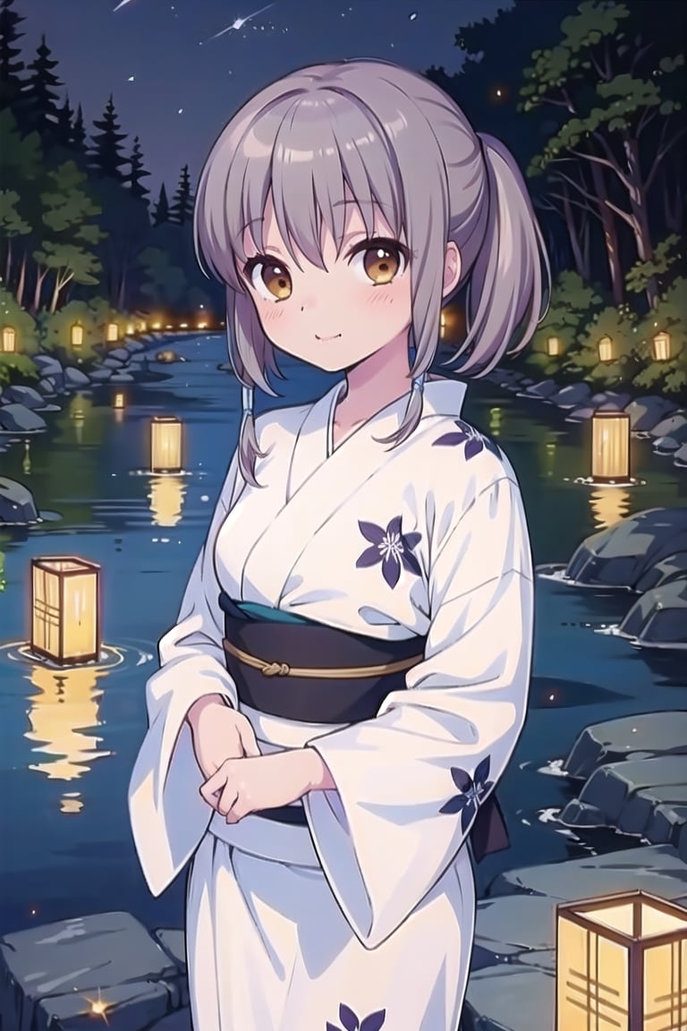  (masterpiece, best quality, sharp image),Brown gray_hair,Short hairBlue hairpin, tied hair,Twin tails,Yukata, night, River at night, fireflies, clear streams,A lot of fireflies are flying,Floral yukata