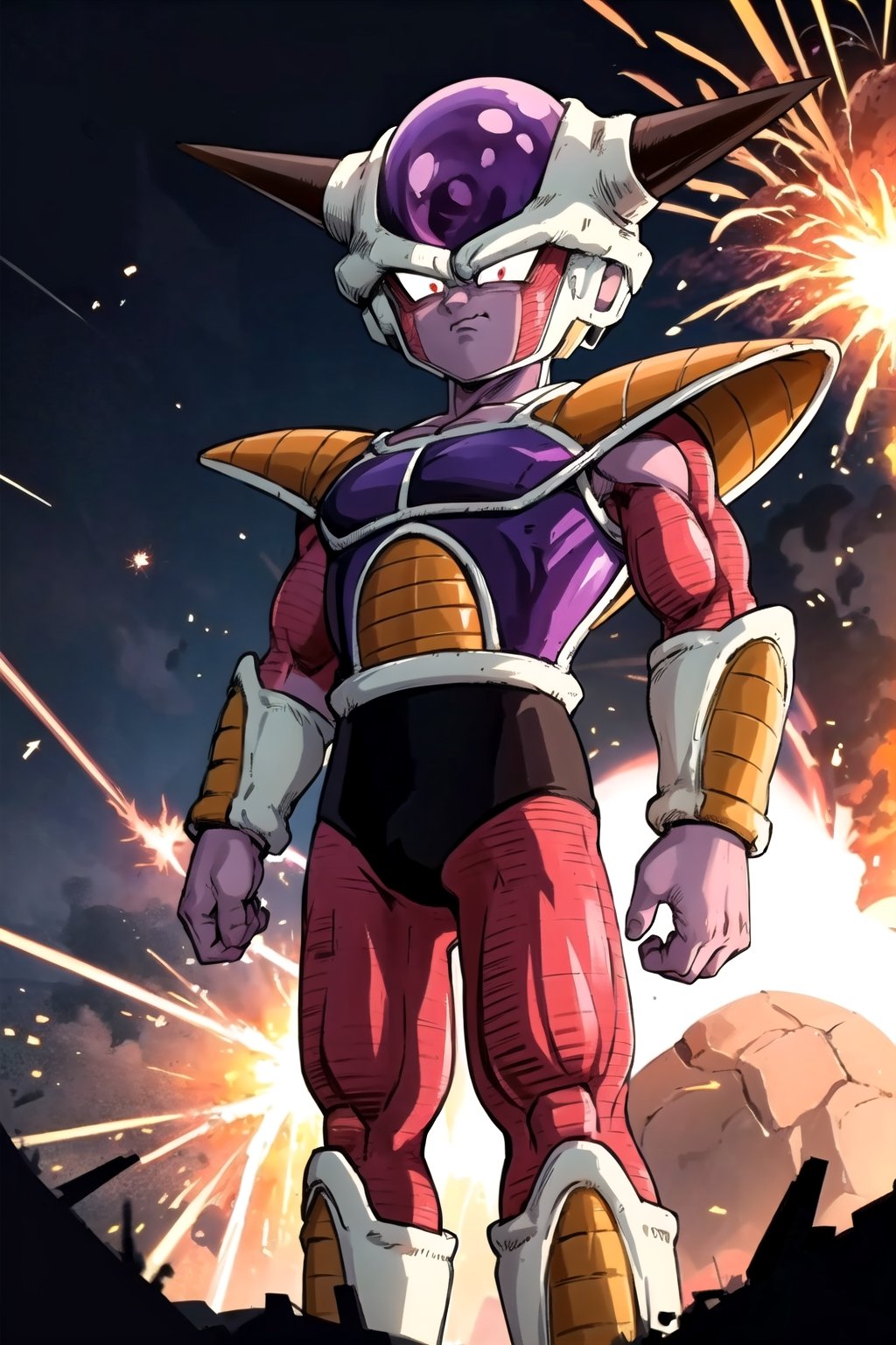 masterpiece, best quality, 1boy, frieza, closeup, looking at viewer, male focus, red eyes, solo, serious, (sketch:0.4),,  simple background,upper_body ,open hands,Spread both hands forward, many sparks, explosions,upper_body,((Great explosion in the background)),Thunder in the background
