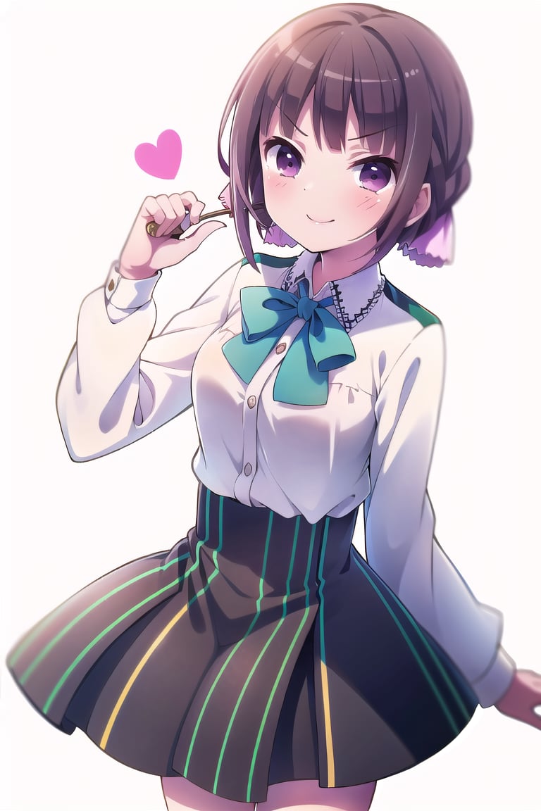(masterpiece,Best  Quality, High Quality,:1.3), (Sharp Picture Quality), Perfect Beauty: 1.5,brown hair,short hair, School Uniform, solo, pink riddon, Beautiful Girl,(A white shirt with one green vertical line),The best smile,((pink heart mark)) , wink,Skirt with green and black vertical stripes,frills,empty_background,V-signing.,