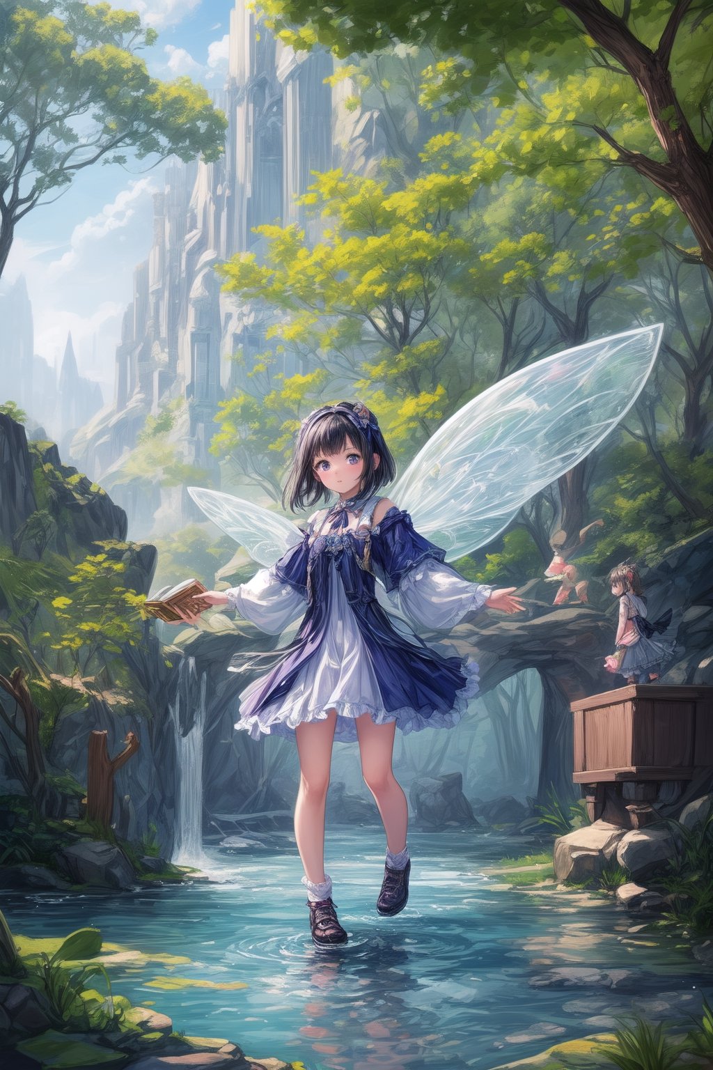 In a hidden forest, a river runs through the trees, reflecting the light of a fairy's wings as she guides a young girl through a magical book filled with wonder and adventure., girl