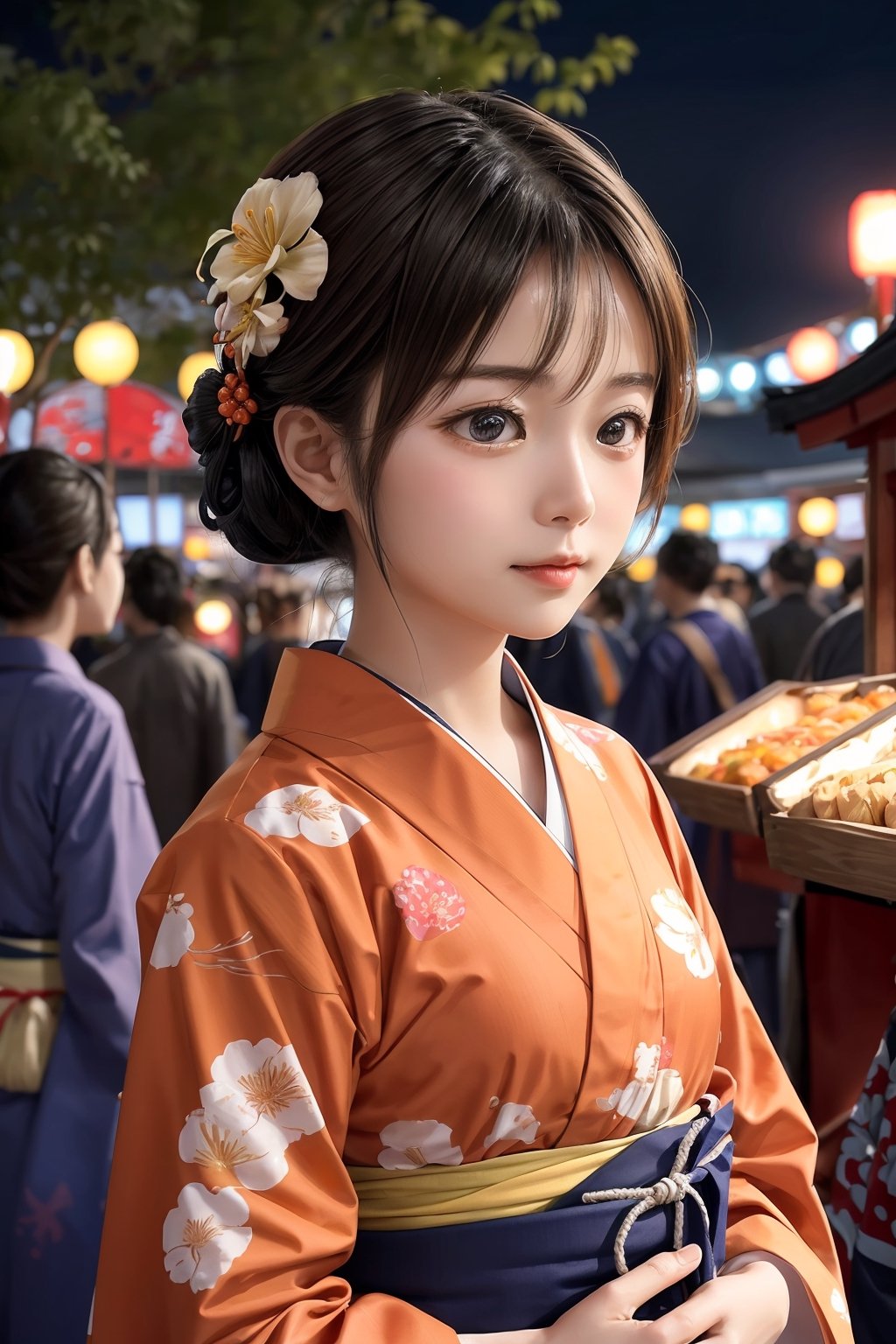 The Japanese festival is in full swing, with a sea of people dressed in colorful yukatas and traditional garments. Among the crowd is a girl in a stunning orange yukata, her hair adorned with delicate flowers. As she walks through the festival grounds, she can't help but stop at every food stall, her eyes lighting up at the sight of the mouth-watering dishes. In the distance, the sky is lit up with a dazzling display of fireworks, adding to the magical atmosphere of the festival., cute, girl, akemi,High detailed 