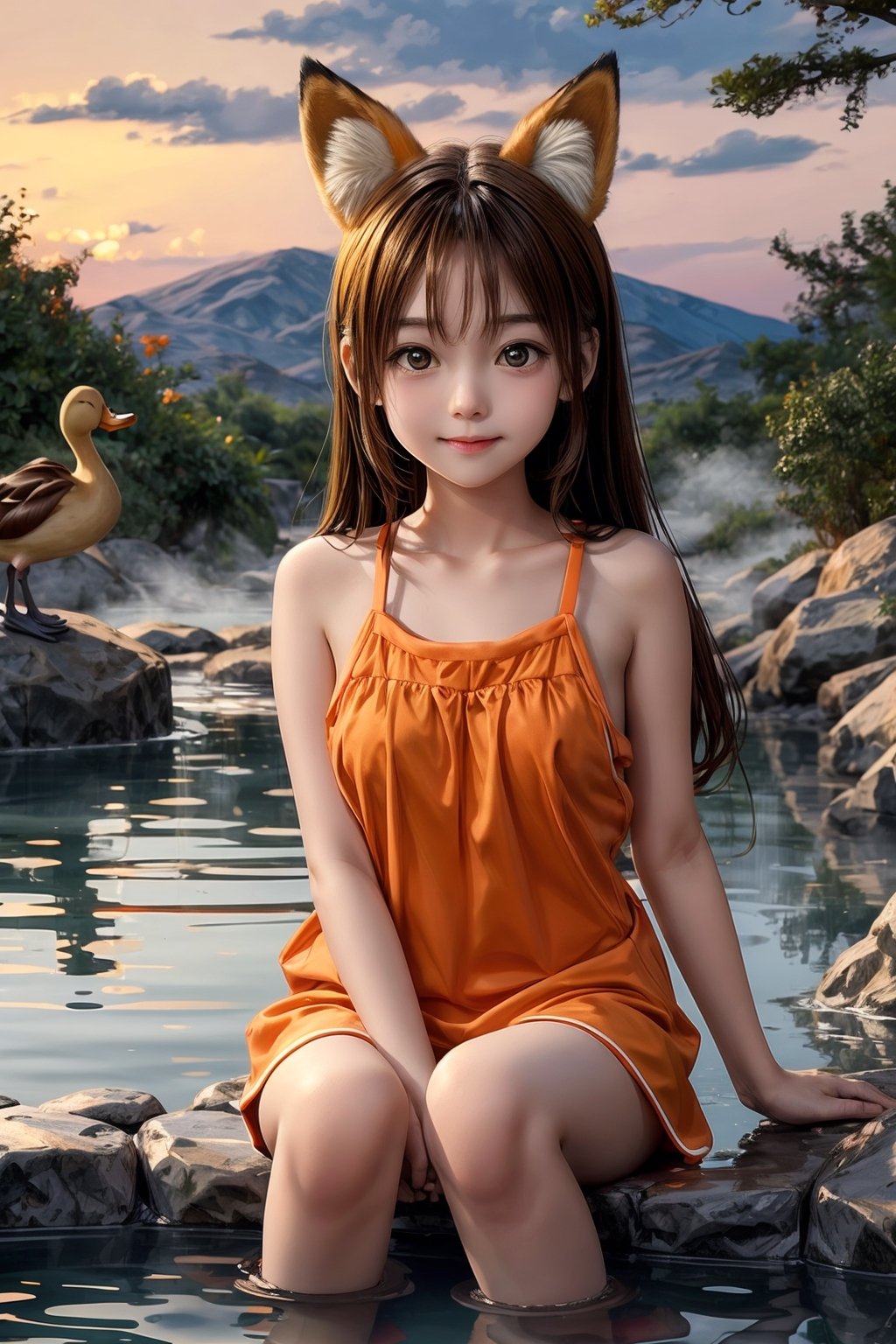 Fox ears girl, (smile: 0.8), upper body, sitting, hot spring, tangerine, steam, dusk, duck toy, girl