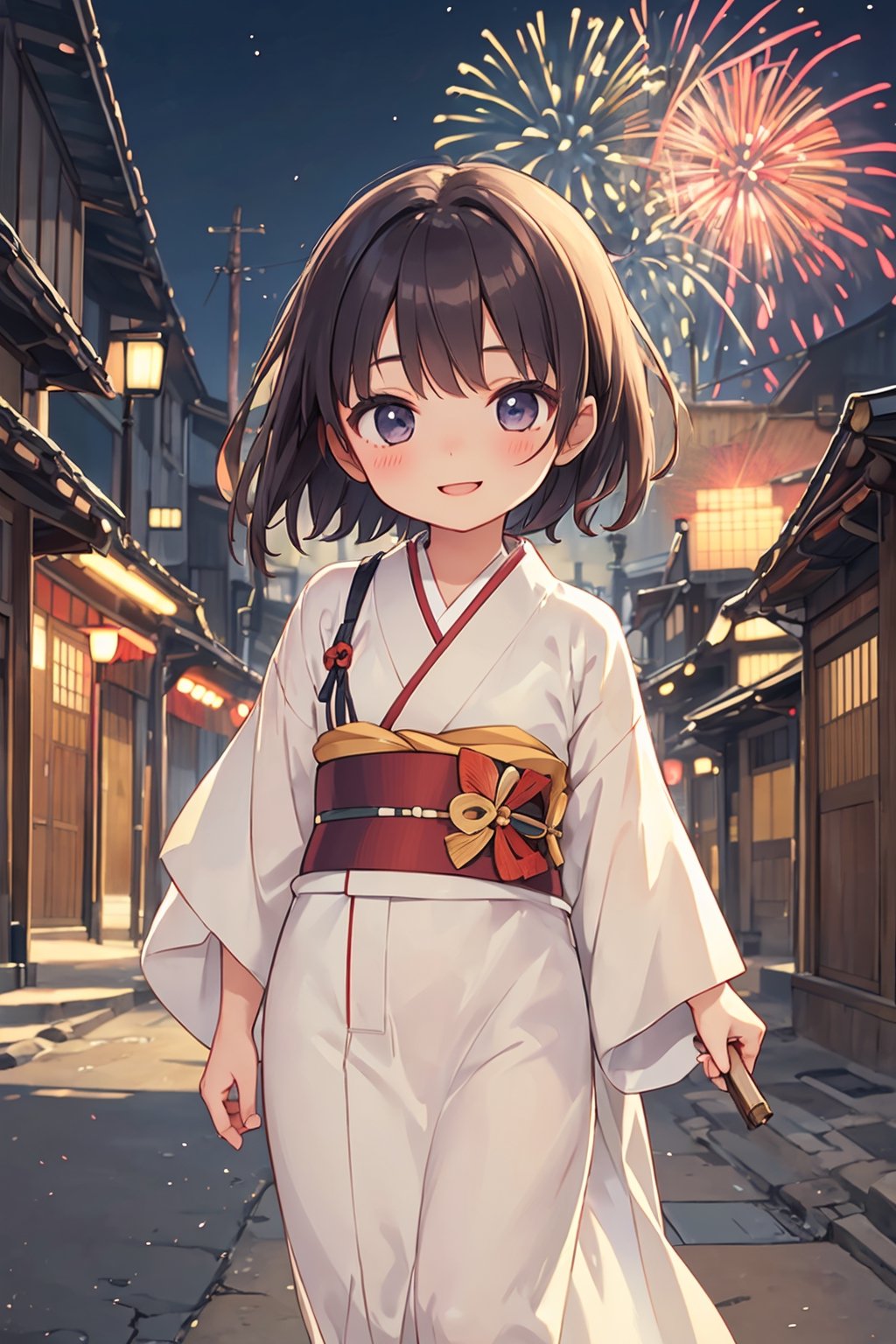 happy. A cute girl wearing a traditional kimono walks through a crowded Edo-era townscape and happily watches beautiful fireworks in the distance.
Age regression, children, larger clothes, Akemi