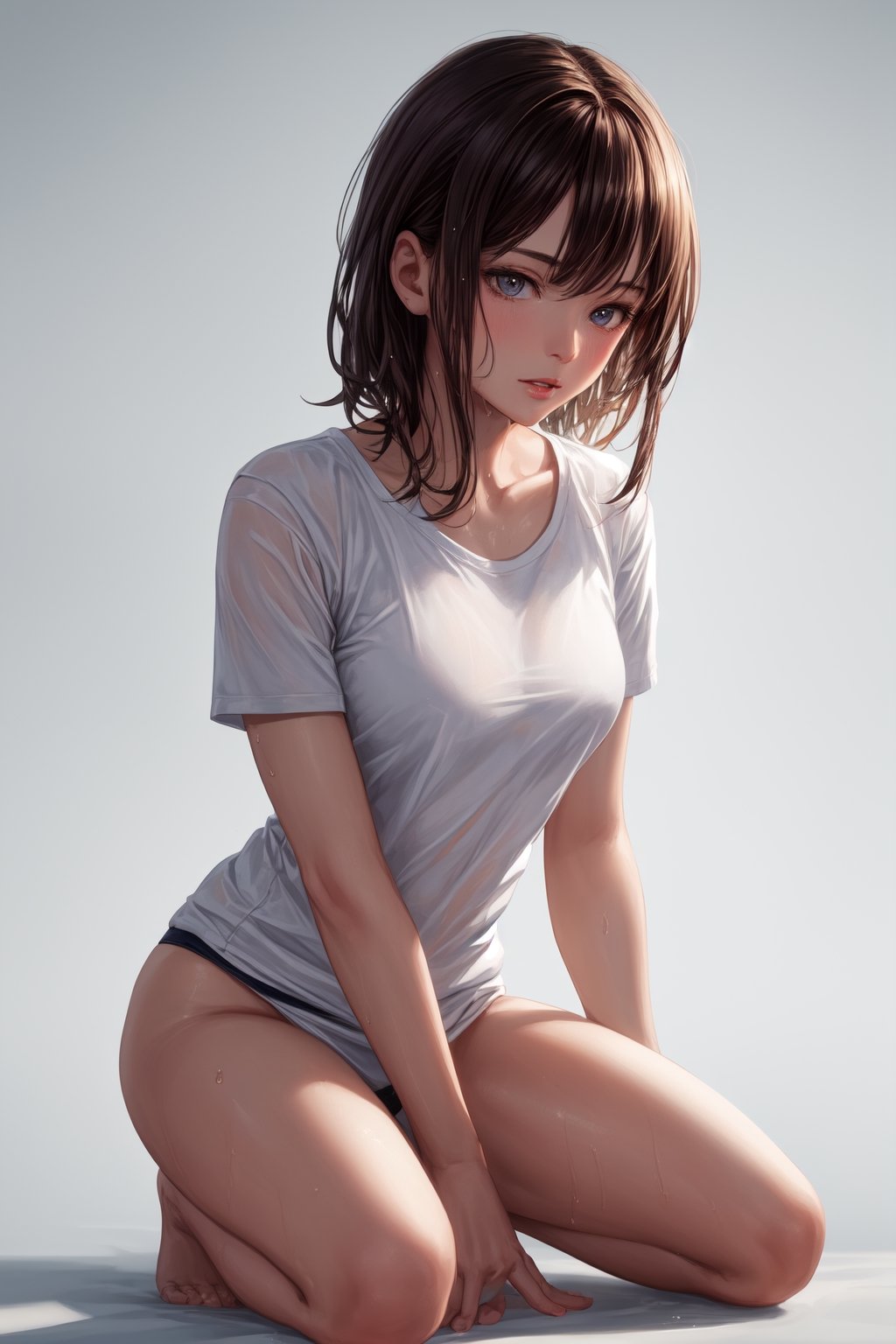 (Masterpiece), Diffuse light, Dynamic shadows, Sharp focus, Realistic, Detailed, High resolution, Absurd, White background, Small breasts, Looking to the side, T-shirt, No bra, Photorealistic, Lifelike, Wet, lips parted, (submissive kneeling), girl