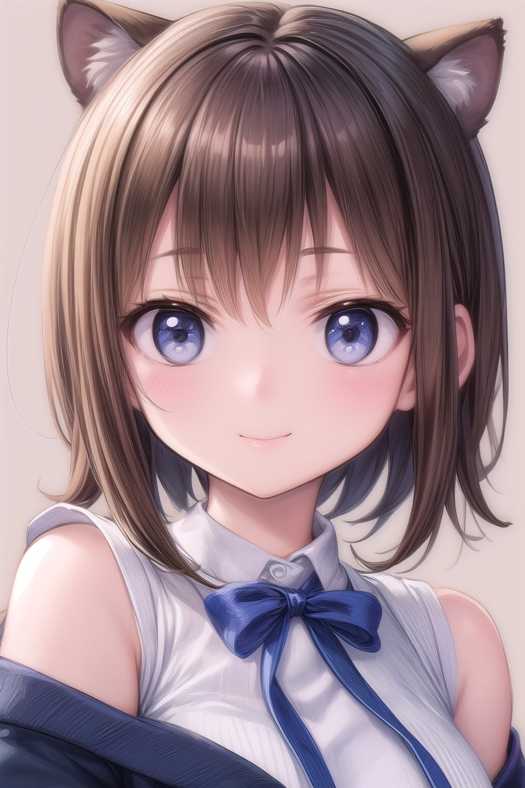 Raccoon girl, ears, brown pixie cut hair, tanned skin, middle school uniform, smile: 0.8, Avatar, brown: 1.2, pale light, upper body, Simple background, flat background, pale background, light brown tone, (masterpiece, top quality, super detailed, high resolution, highly detailed),girl