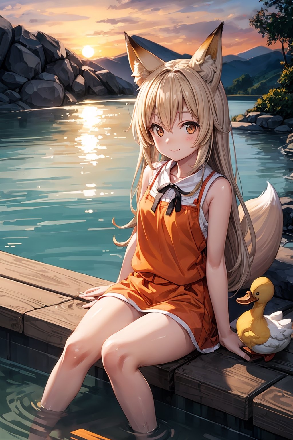 Fox ears girl, (smile: 0.8), upper body, sitting, hot spring, tangerine, steam, dusk, duck toy, girl