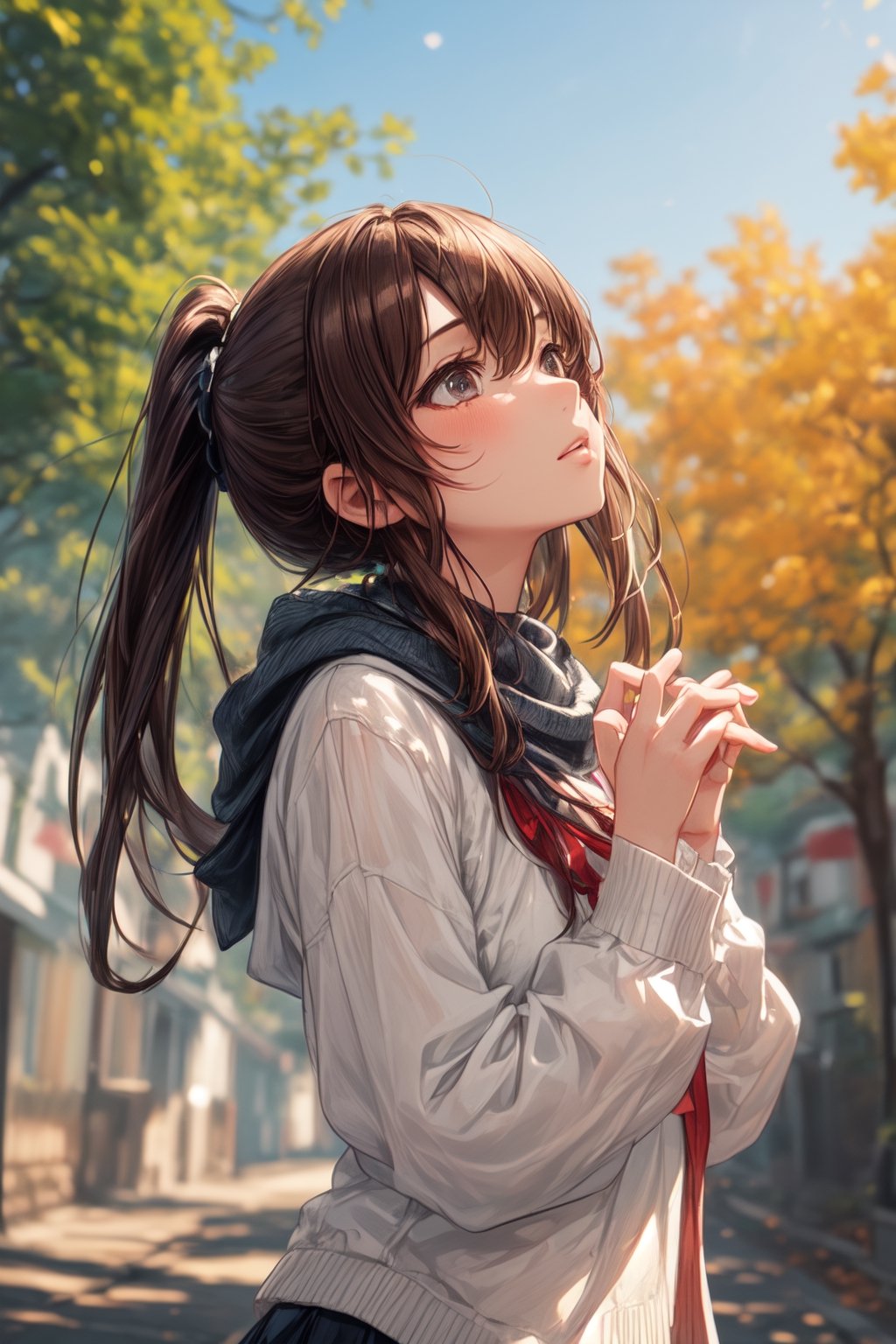 Anime-style illustration of a high school girl with a ponytail, standing amidst vibrant autumn trees. She wears a cozy sweater and scarf, looking up with her hands shielding her eyes as if spotting a particularly beautiful tree branch.