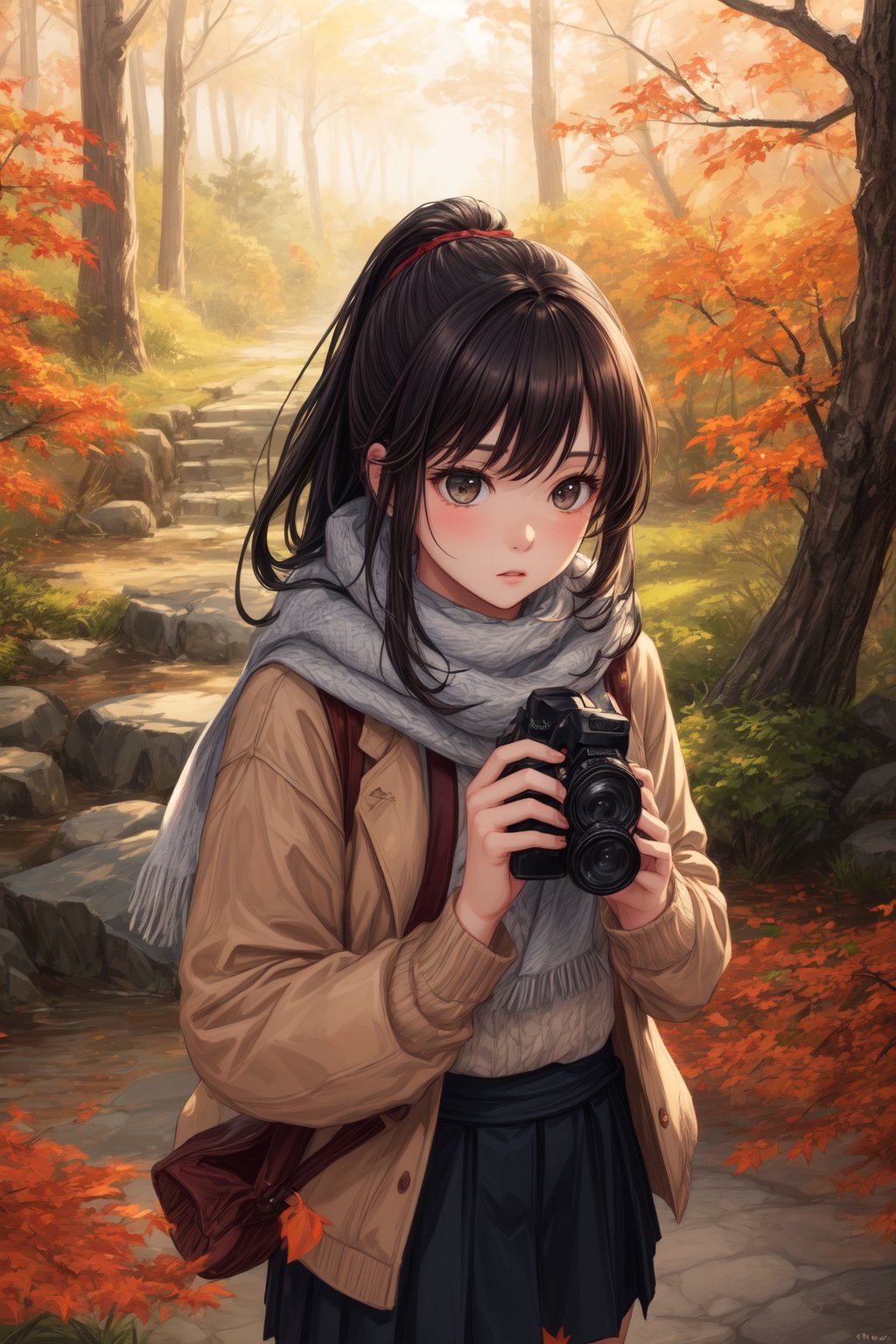 Realistic illustration of a high school girl with a ponytail, engrossed in 'momijigari' (autumn leaf viewing). She wears a warm sweater and a scarf, holding a camera in one hand. The scene is set in a serene Japanese forest, with trees displaying vibrant red and orange autumn leaves. The ground is covered with fallen leaves, and the atmosphere gives a gentle hint of the approaching winter.