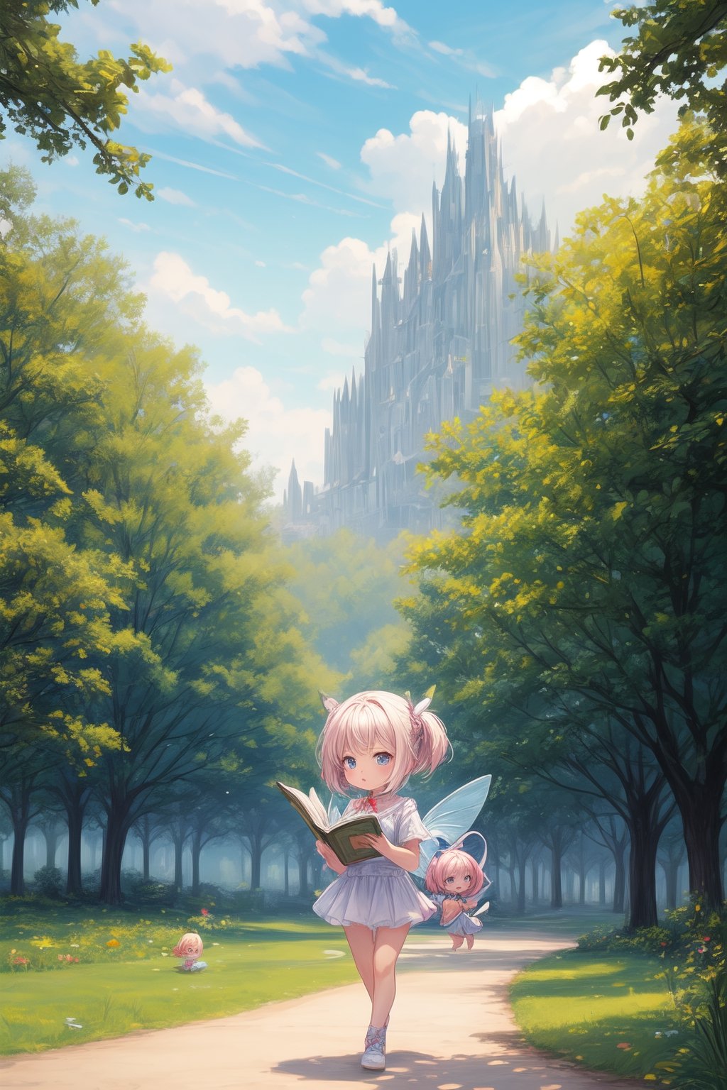 Step into a world of enchantment, where a forest teems with life and a river winds through the trees, watched over by a fairy as a young girl reads from a book that brings her wildest dreams to life., chibi