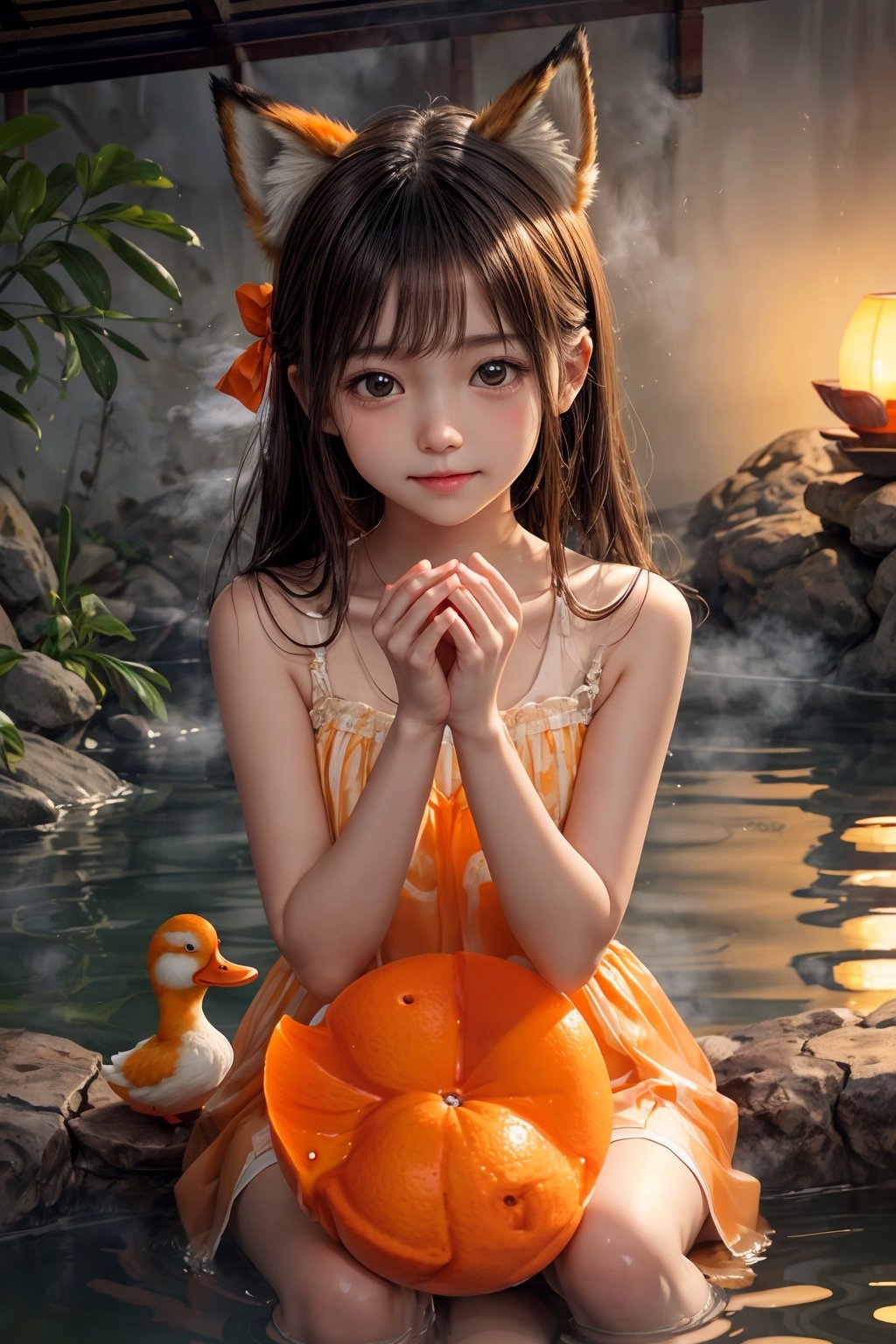 Fox ears girl, (smile: 0.7), sitting, hot spring, mandarin orange, steam, dusk, duck toy, orange, nice hands, perfect hands, cute, girl, akemi