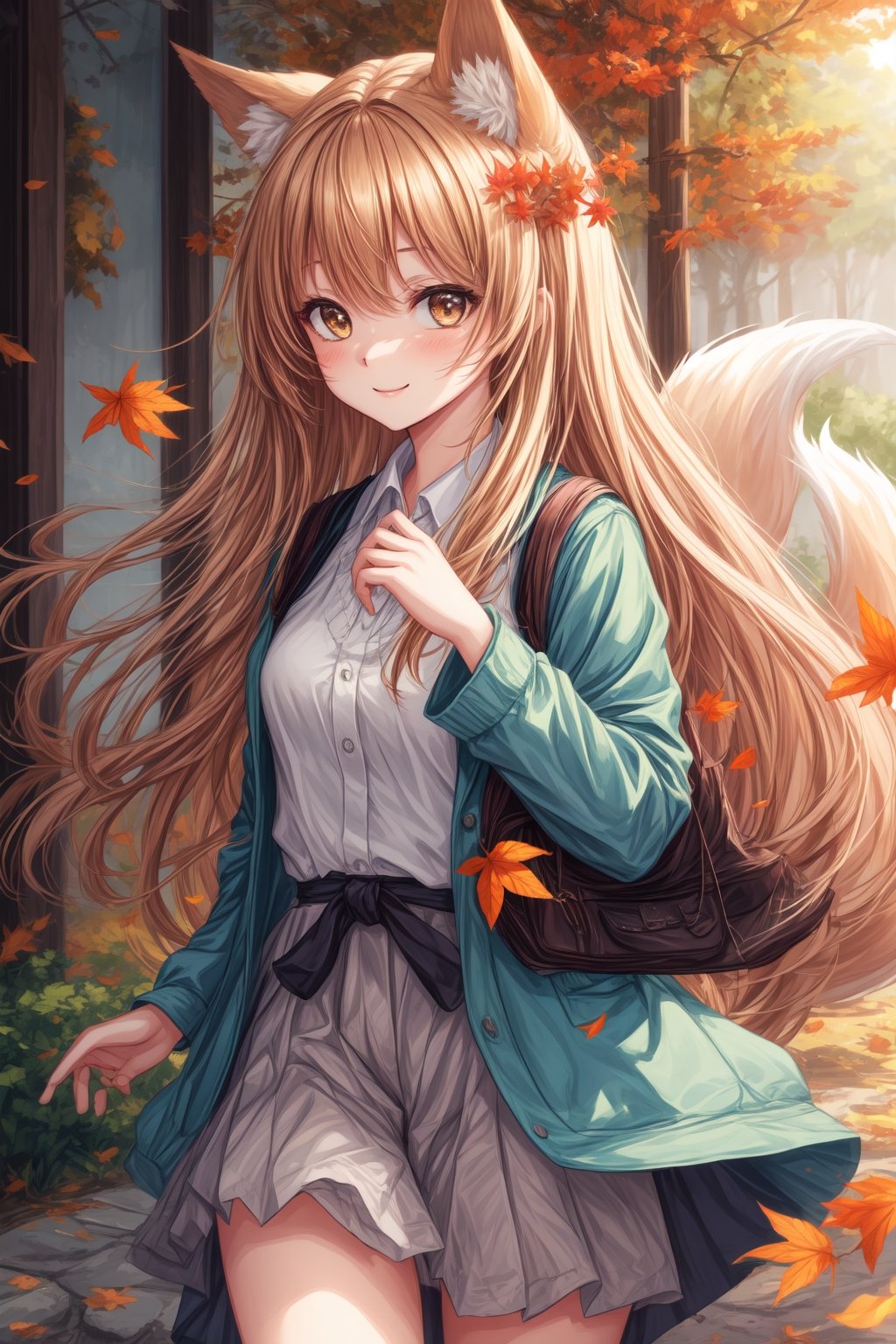 An anime-style depiction of a girl with fox ears playfully throwing a handful of autumn leaves into the air and smiling happily as the leaves float around her.