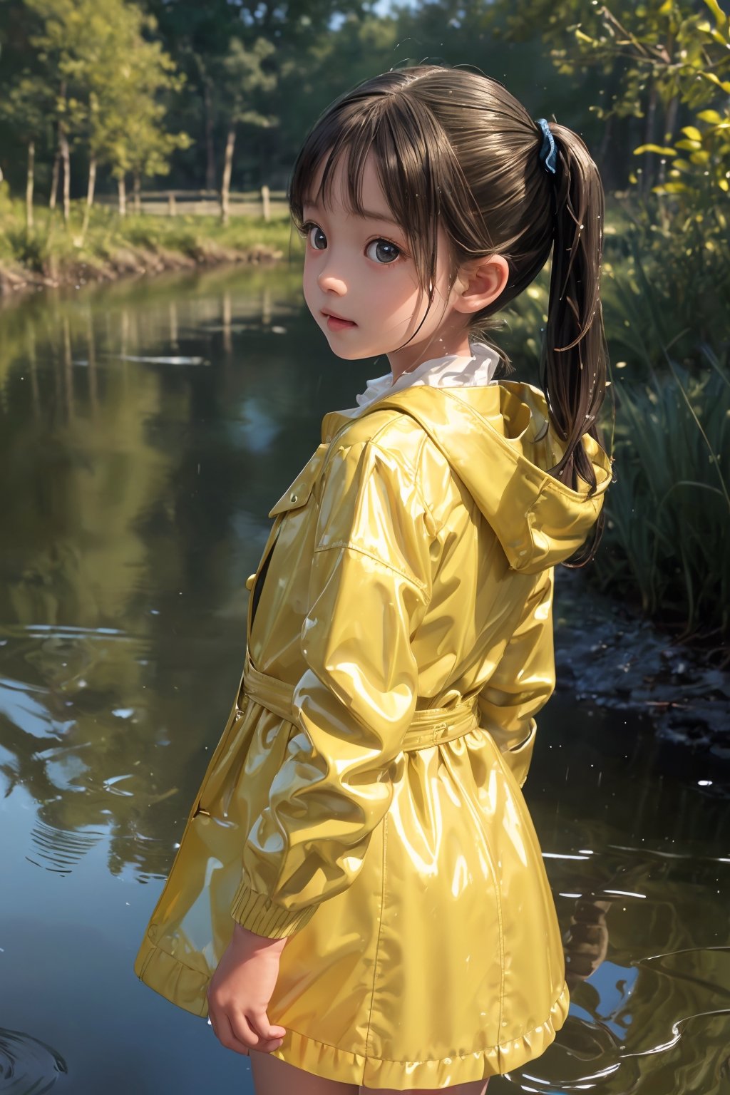 Masterpiece, top quality, very detailed, high resolution, very detailed textured skin, detailed light, Realistic, Photorealistic, very delicate and beautiful,A curious little girl with pigtails and a bright yellow raincoat exploring the riverbank, her reflection dancing in the rippling water.
, (smile: 0.8), look back