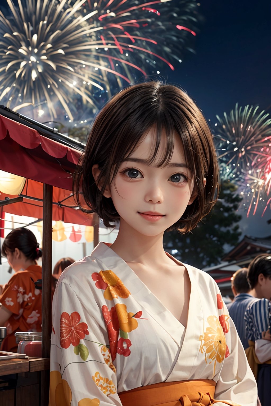 As the sun sets and the sky is illuminated by bursts of colorful fireworks, a group of friends gather around a food stall at the Japanese festival. The smell of sizzling yakitori fills the air as they eagerly wait for their orders, their mouths watering in anticipation. Among the group is a girl in a bright orange yukata, her eyes sparkling with excitement as she takes in the lively atmosphere., cute, girl, akemi