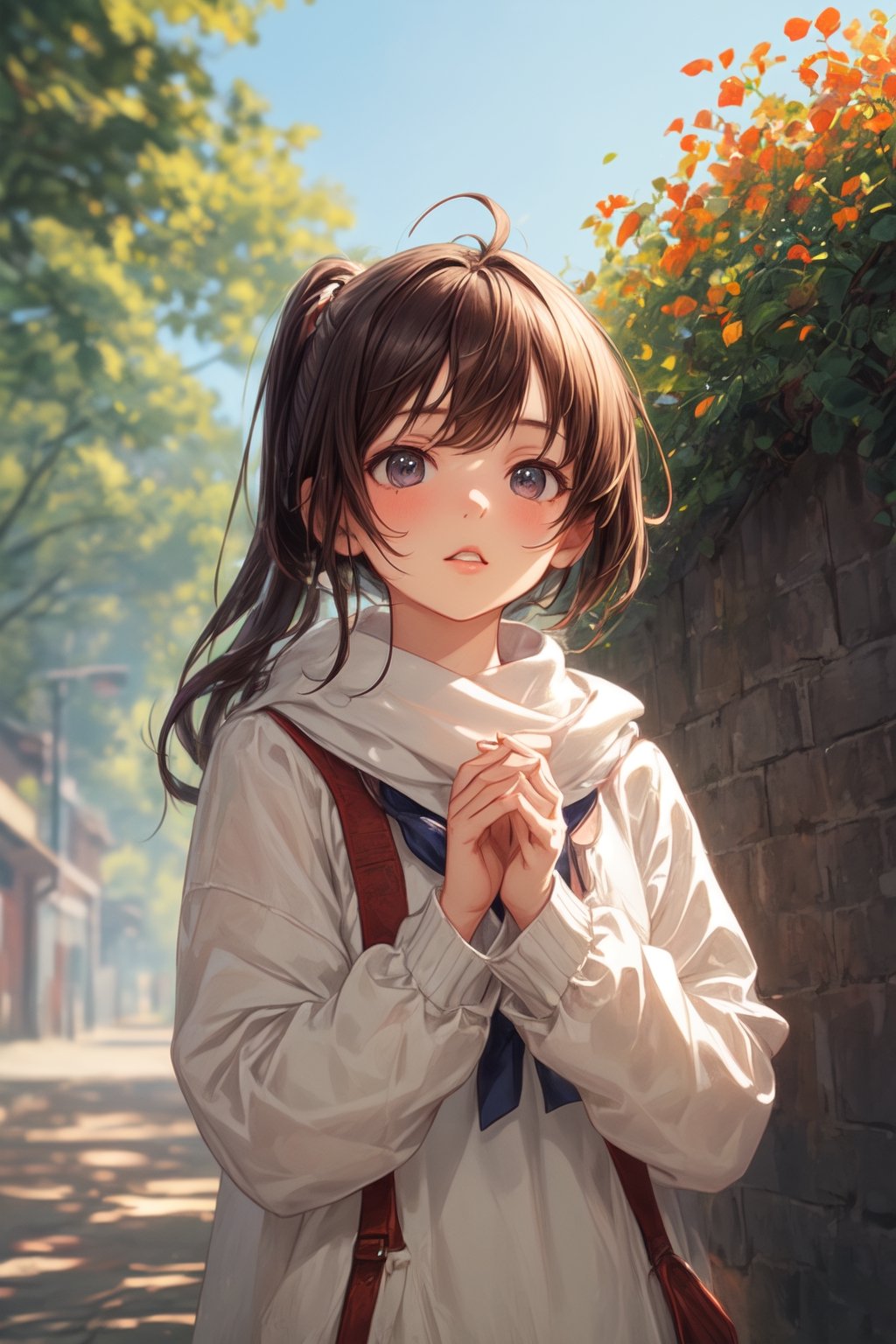 Anime-style illustration of a high school girl with a ponytail, standing amidst vibrant autumn trees. She wears a cozy sweater and scarf, looking up with her hands shielding her eyes as if spotting a particularly beautiful tree branch., akemi