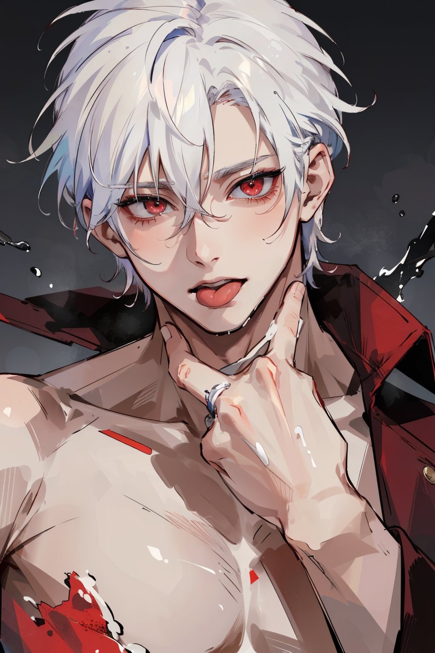 (masterpiece, best quality, highres:1.3), ultra resolution image, (1guy), male, (solo), white hair, upper body, tongue, crazy, muscular, red eyes, hot, wet, extremely attracitve, looking at viewer, beautiful eyes, amazing detail on face, extremely attracitve, 