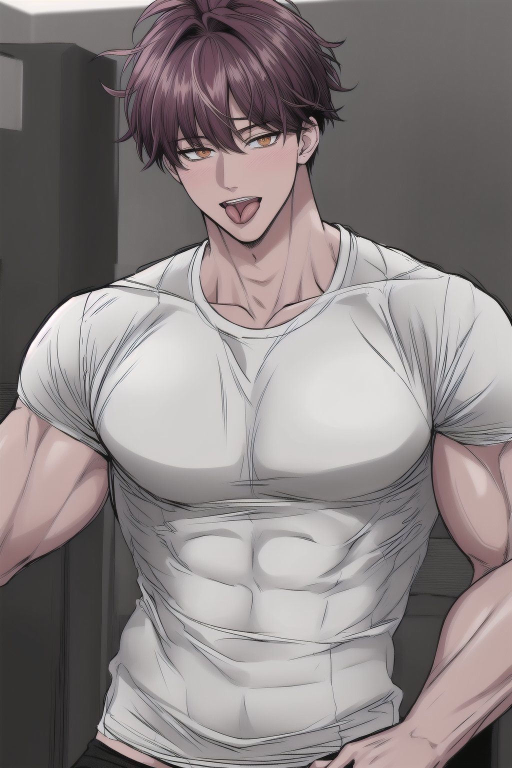 (masterpiece, best quality, highres:1.3), ultra resolution image, (1guy), male, (solo), upper body, tongue, muscular, tan skin, abs hot, wearing compression t-shirt, tan, super handsome, messy hair, tan,  pink hair, orange eyes, 