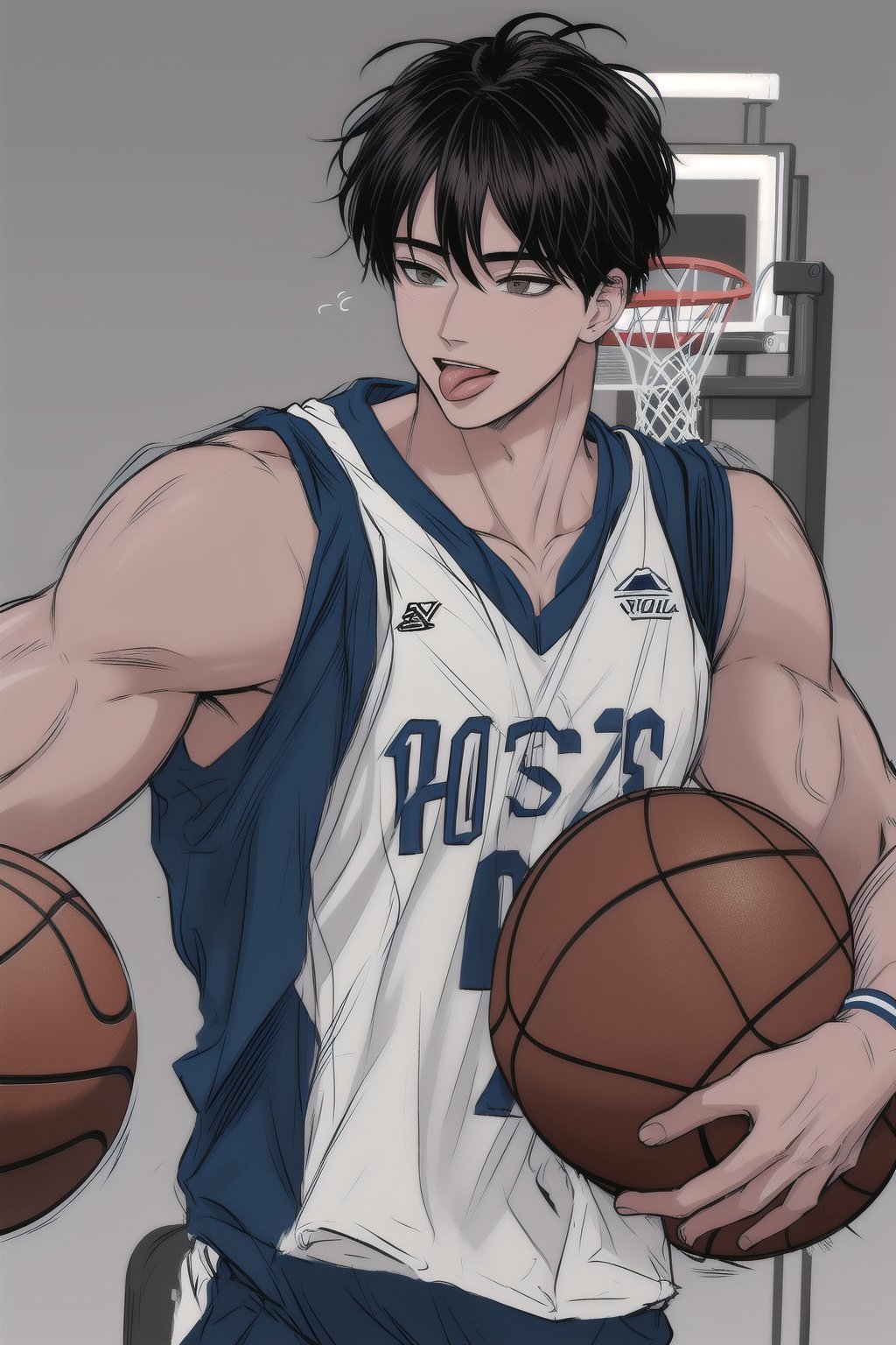 (masterpiece, best quality, highres:1.3), ultra resolution image, (1guy), male, (solo), upper body, tongue, muscular, tan skin, abs hot, wearing basketball jersey, wearing armband, tan, 