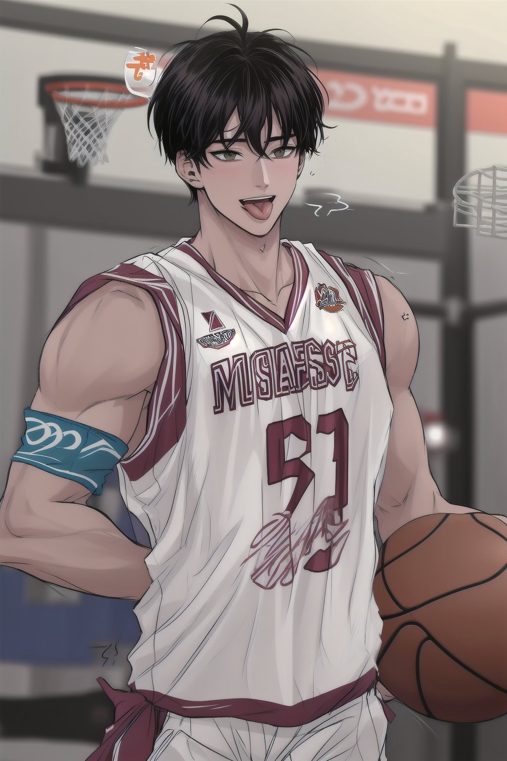 (masterpiece, best quality, highres:1.3), ultra resolution image, (1guy), male, (solo), upper body, tongue, muscular, tan skin, abs hot, wearing basketball jersey, wearing armband, tan, 