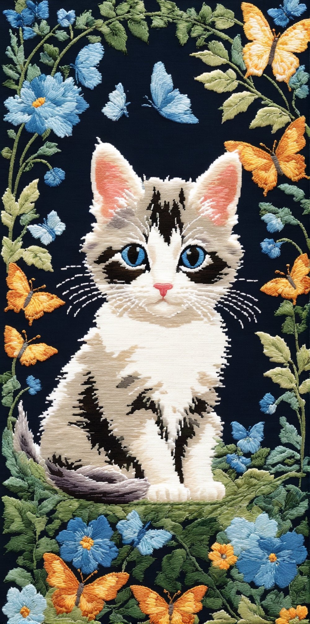 A fluffy gray and white kitten with bright blue eyes playfully bats at delicate cross-stitched butterflies, meticulously crafted by the talented artisan Beatrix Potter. The intricate embroidery showcases a symphony of vibrant colors, capturing the essence of the butterfly's delicate wings and the kitten's playful curiosity. The scene radiates with charm, combining the warmth of traditional cross-stitching technique with the timeless whimsy of Beatrix Potter's iconic artwork. A cherished masterpiece that celebrates the beauty of nature and the joy of feline companionship.