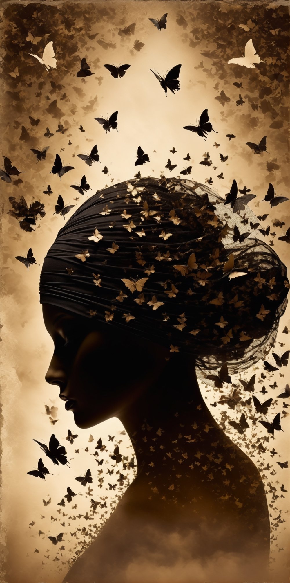 KILLING ARTIST, 3D HDMI quality 4D hiperrealistic, in blurring old fashioned sepia ((( very grated photo image))) black silhouette of a woman with a black veil in his head made of flying butterflies, dark fantasy, poster, typography, cinematic, photo