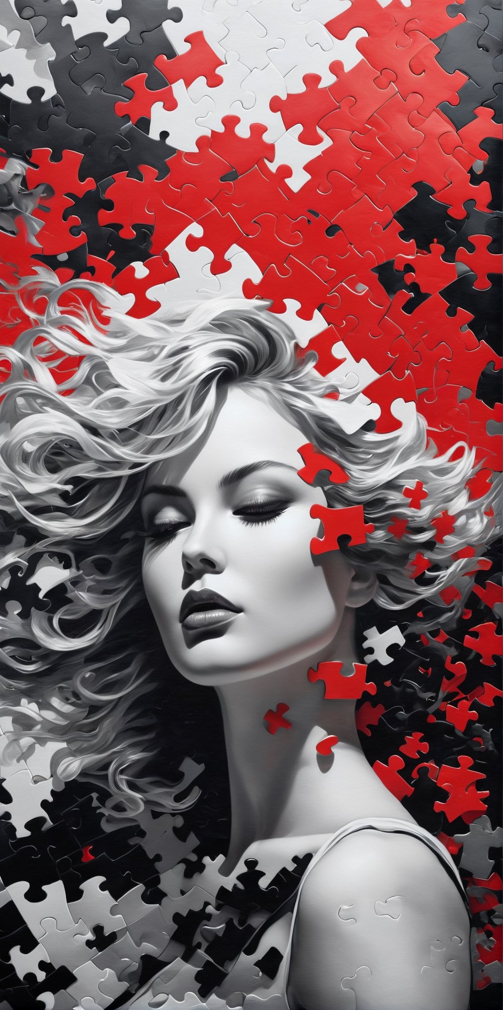 8k quality hiperrealistic, (((A long exposed and degrated photo imatge))) of a stunningly digital work drawed with black, white and red colors pencils of a puzzle pieces pattern silhouette of a hiperrealistic and detailed woman , 3d render, illustration, paintingv0.1, painting, illustration, poster