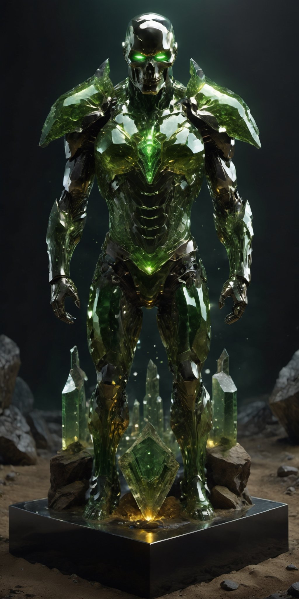 In a desolate wasteland, a towering Kryptonite Golem emerges. Its jagged crystalline form gleams with a toxic green hue, as fissures of deadly energy pulse within. Every refined facet and intricate detail shimmers in ultra-realistic precision, revealing the threat it poses. The highly-detailed, hyper-realistic masterpiece captures the essence of its menacing existence, ensuring an immersive 8K experience.