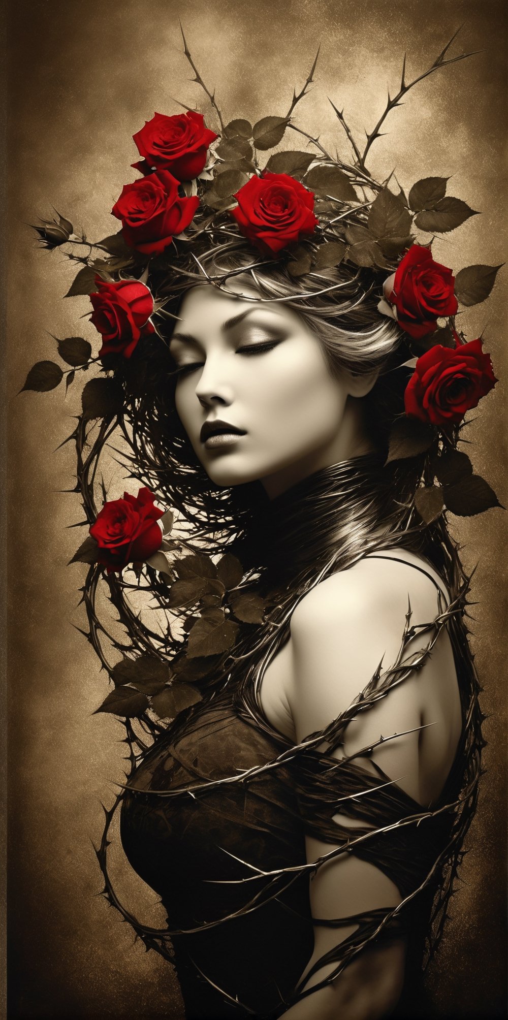 black, silver and white colors, ((( a long exposed and degrated photo imatge))) of a stunningly old sepia photo of (green thorns) and (red roses) huging the silhouette of a dramatic, hiperrealistic and detailed woman, dark fantasy, portrait photography, photo