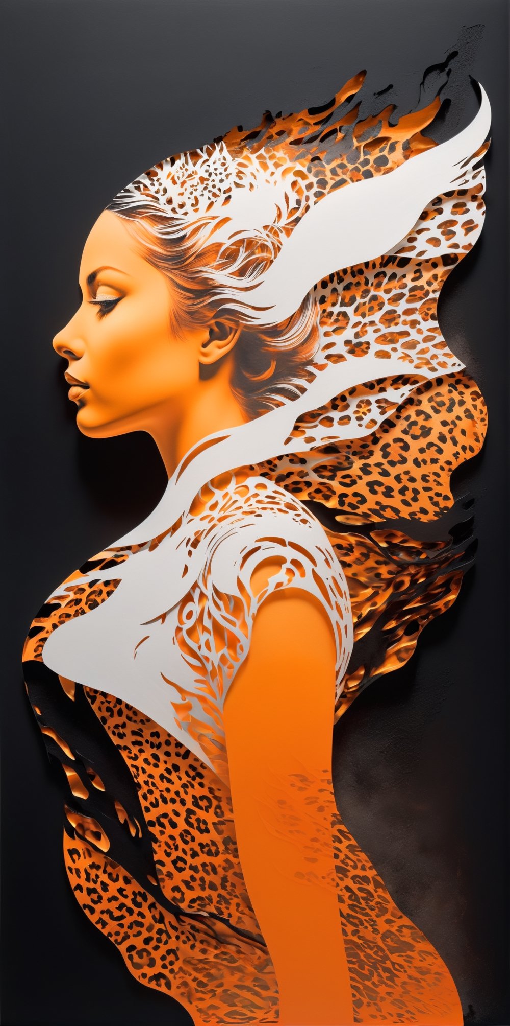 black, orange and white colors, (((A degraded and burned photographic image))) of an incredibly digital work of a hyperrealistic and detailed silhouette of a woman with an inverted jaguar pattern, 3D rendering, illustration, paintingv0.1 , portrait photography, 3d render, photo, typography, poster, architecture