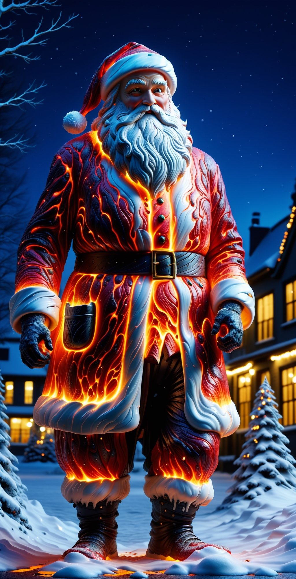 full-length Santa Claus statue, in the city at night, lights on and low light, Christmas theme, snow, close-up cracks in the statue with ral lava, lava flowing through the cracks in the ral porcelain, at night