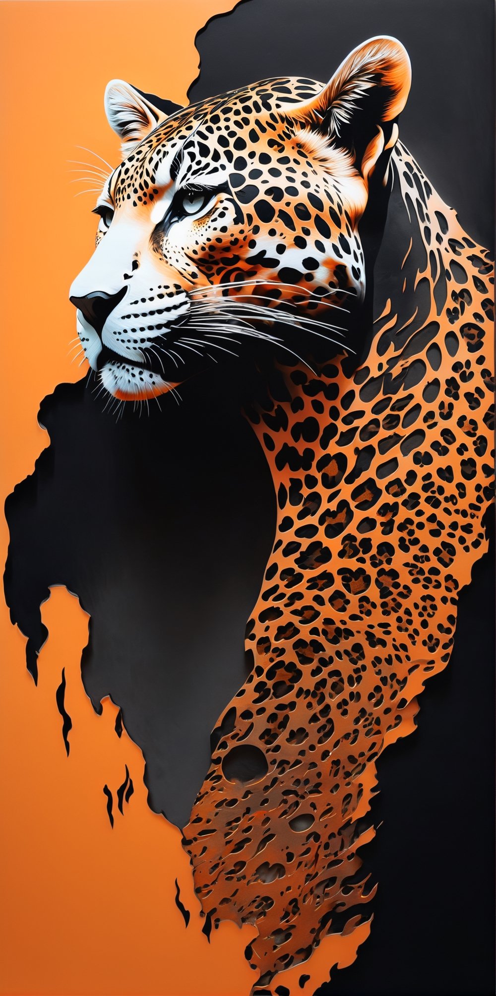 black, orange and white colors, (((A degraded and burned photographic image))) of an incredibly digital work of a hyperrealistic and detailed silhouette of a woman with an inverted jaguar pattern, 3D rendering, illustration, paintingv0.1 , portrait photography, 3d render, photo, typography, poster, architecture