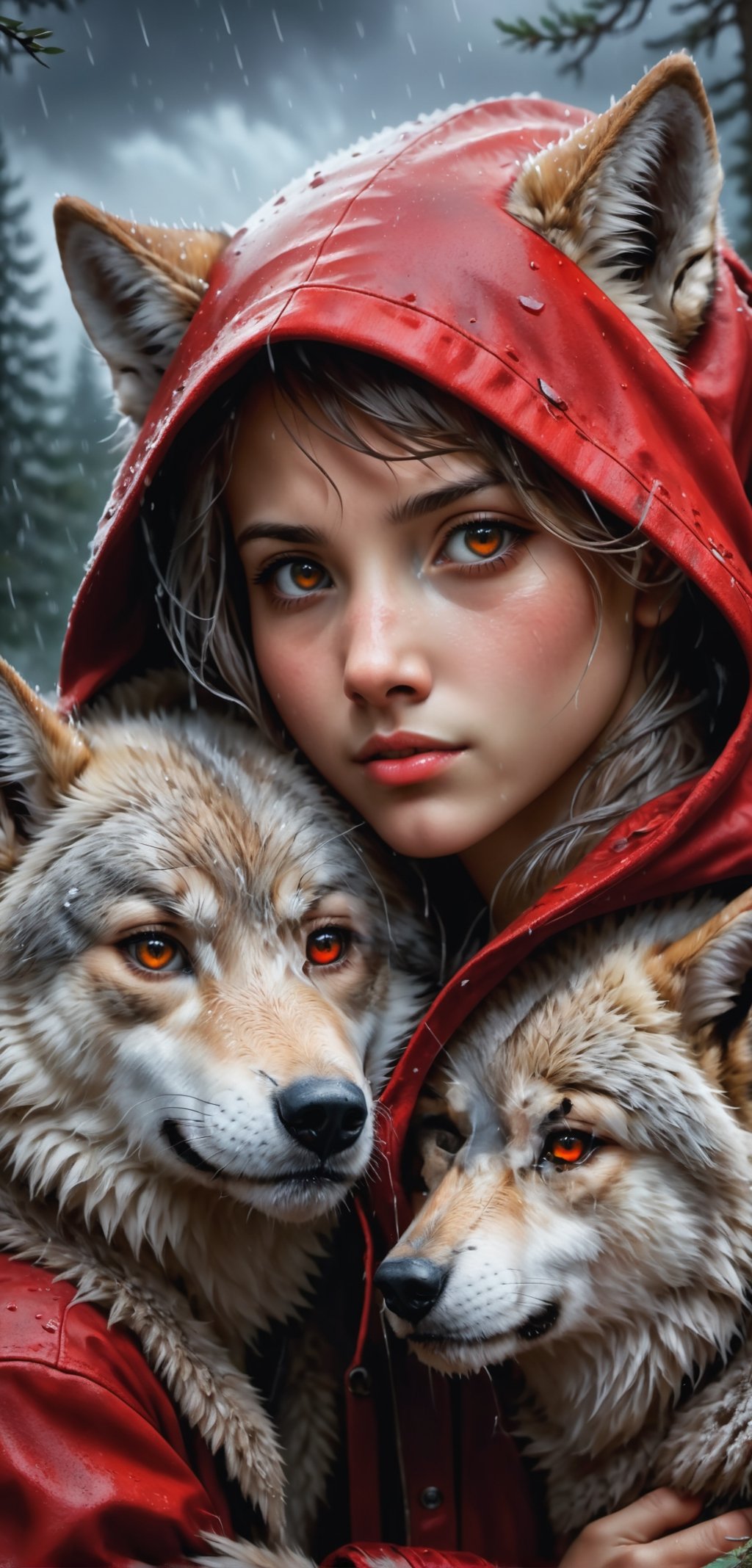 fantasy style, portrait of a shy girl, close-up, extremely beautiful, wearing a red hooded top, beautiful gray eyes, night environment, spring theme, (((hugging the wolf cub))), rain splash, style fantasy, pine trees, stormy dark clouds, fluffy clouds in the background, unreal engine (masterpiece, intricacies, epic details, sharp focus, dramatic and surreal oil painting)