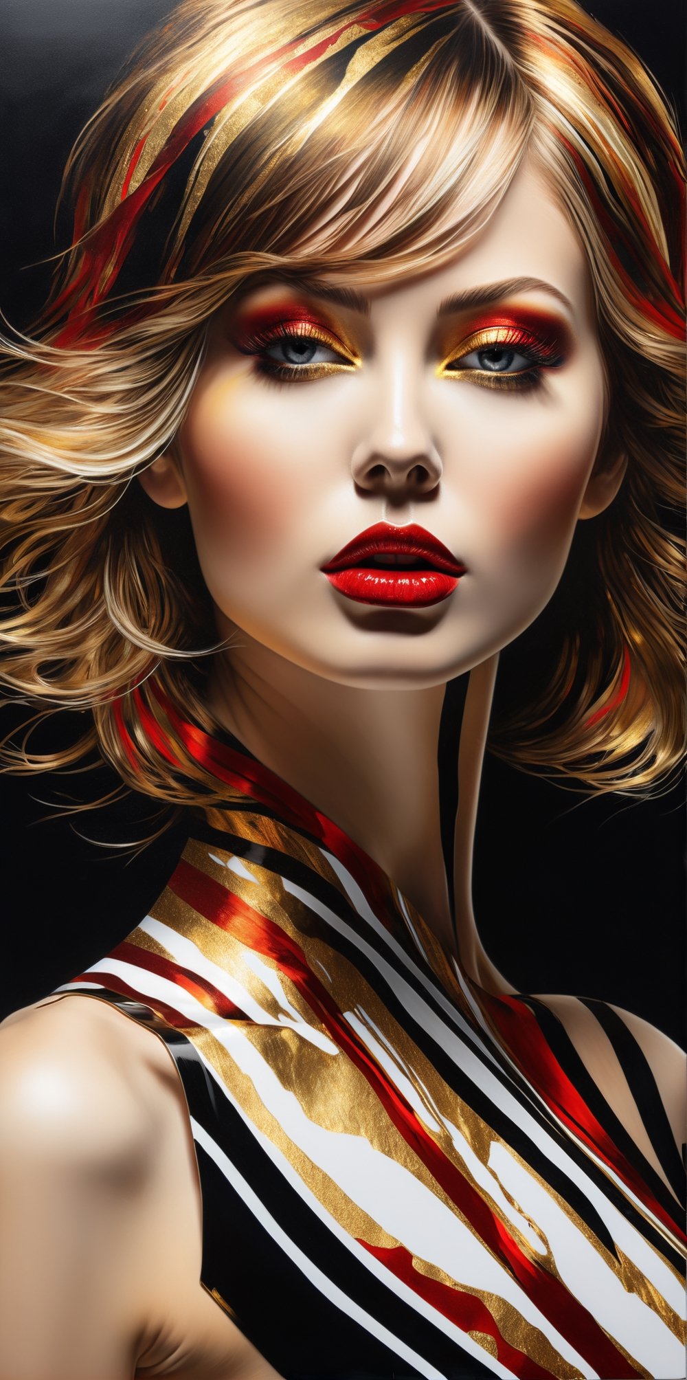 8k quality hiperrealistic of a stunningly digital work drawed with black, white, golden and red alcohol ink of a infinite very thin diagonal stripes simulating a barcode pattern silhouette of a hiperrealistic and detailed woman, portrait photography, photo, vibrant, 3d render