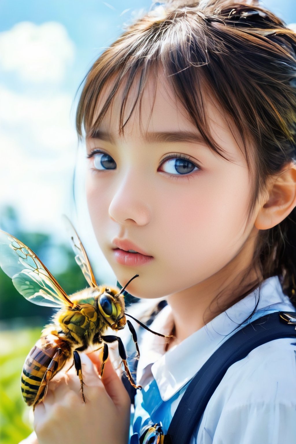 A close-up shot of a young girl perched on the back of a massive, iridescent hornet as it flies through a clear blue sky. The sun casts a warm glow, illuminating the delicate patterns on the insect's body. The girl holds onto the hornet's thorax with one hand and grips her backpack with the other. Her school uniform is slightly ruffled from the wind, and a determined look is etched on her face. The composition is centered around the girl and the hornet, with the surrounding landscape blurred to emphasize their unique relationship.
