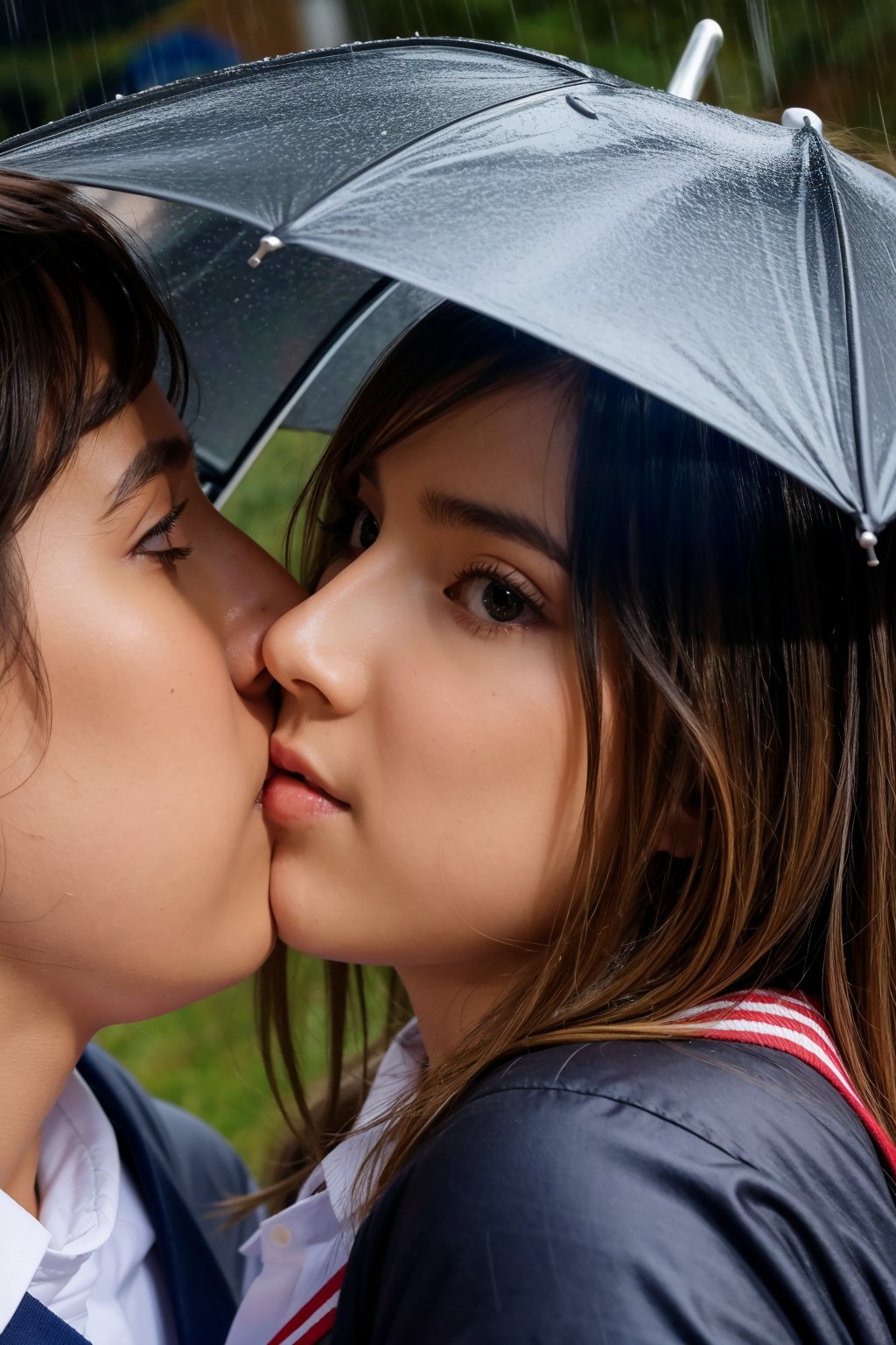 Best Quality, 32k, photorealistic, ultra-detailed, finely detailed, high resolution, perfect dynamic composition, beautiful detailed eyes, sharp-focus, a beautiful school girl, Rain, sharing umbrella, young couple, kiss