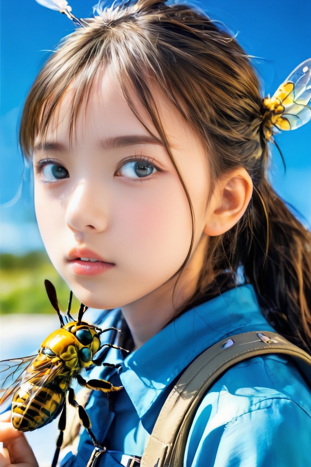 A close-up shot of a young girl perched on the back of a massive, iridescent hornet as it flies through a clear blue sky. The sun casts a warm glow, illuminating the delicate patterns on the insect's body. The girl holds onto the hornet's thorax with one hand and grips her backpack with the other. Her school uniform is slightly ruffled from the wind, and a determined look is etched on her face. The composition is centered around the girl and the hornet, with the surrounding landscape blurred to emphasize their unique relationship.