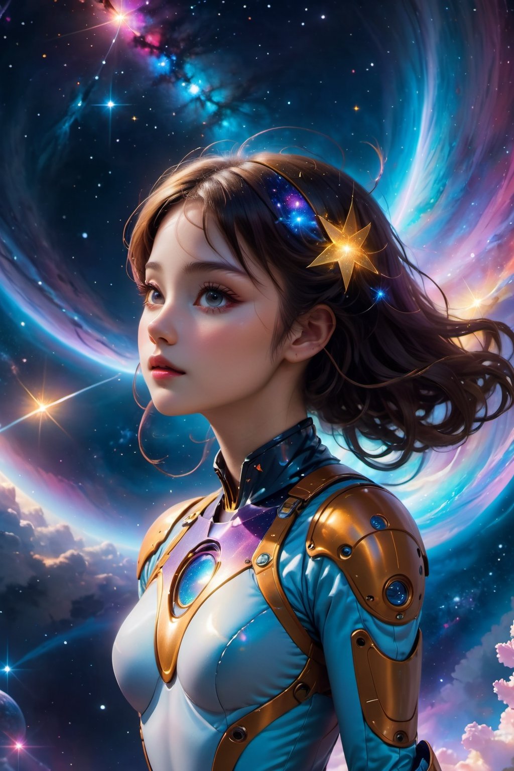best quality, 8k, realistic, vibrant colors, high-res lighting,  galaxies, A girl floating in a space suit, breathtaking landscapes, ethereal atmosphere, sparkling stars, glowing nebulae, celestial wonders, surreal beauty, mesmerizing glow, cosmic journey, dreamlike scenes, tranquil depths, floating gracefully, immersive experience, mesmerizing visuals,  otherworldly creatures, graceful movements, enchanted world, celestial ballet, mystical ambiance, divine energy, celestial serenity, serene tranquility