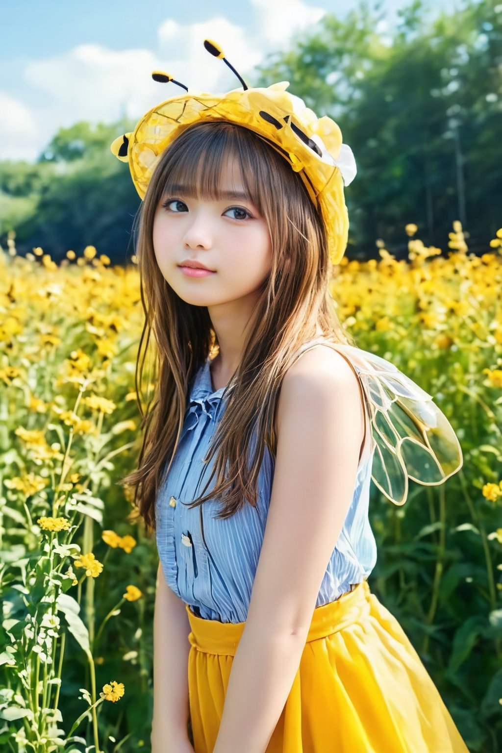 (masterpiece, 8k, photorealistic, RAW photo, best quality, sharp: 1), summer sunshine, A fresh breeze, fluttering hair, outdoor, cute pose, ((A girl cosplaying as a honey bee)),little_cute_girl