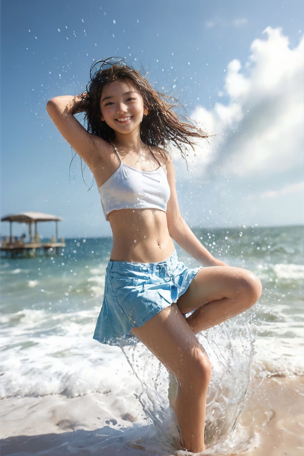 Photorealistic, full body photo, detailed facial features, subtle skin tones, HD, 8k, ultra high resolution, exquisite details, ultra realistic, full body, two beautiful young girls, photo shoot, audience, sexy pose in motion, beach, summer sunshine, tube top, mini skirt, water splashes,  smile, wet body, from below 