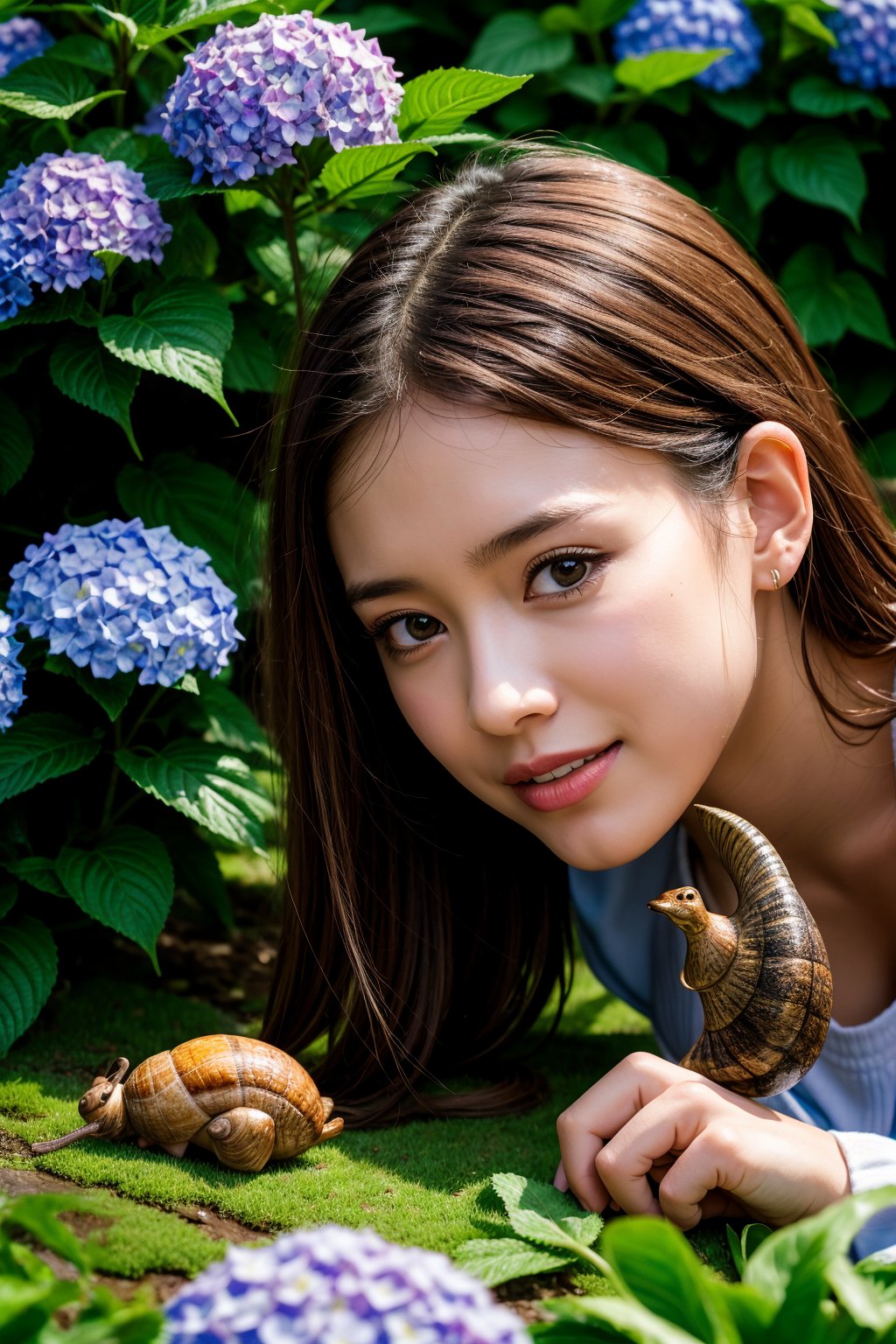 Best Quality, 32k, photorealistic, ultra-detailed, finely detailed, high resolution, perfect dynamic composition, beautiful detailed eyes, sharp, girl playing with big snail in a flower field after the rain, rainbow, hydrangea