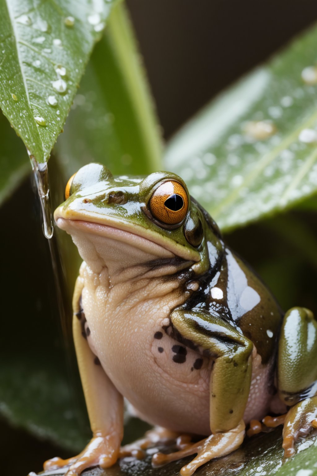 Best Quality, 32k, photorealistic, ultra-detailed, finely detailed, high resolution, perfect dynamic composition, beautiful detailed eyes, sharp-focus, a beautiful school girl, Rainy season, rainy weather, taking shelter from the rain with a frog, Soaking wet