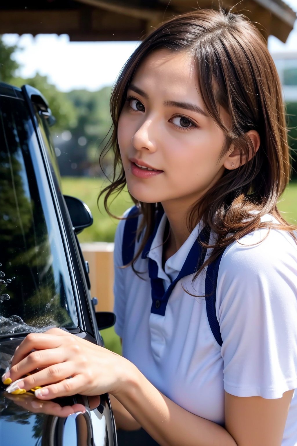 Best Quality, 32k, photorealistic, ultra-detailed, finely detailed, high resolution, perfect dynamic composition, beautiful detailed eyes, sharp-focus, a beautiful school girl washing the car, soaking wet,