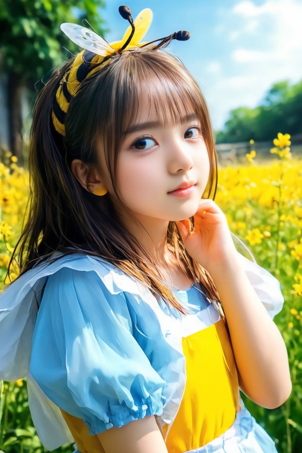 (masterpiece, 8k, photorealistic, RAW photo, best quality, sharp: 1), summer sunshine, A fresh breeze, fluttering hair, outdoor, cute pose, ((A girl cosplaying as a bee)),little_cute_girl