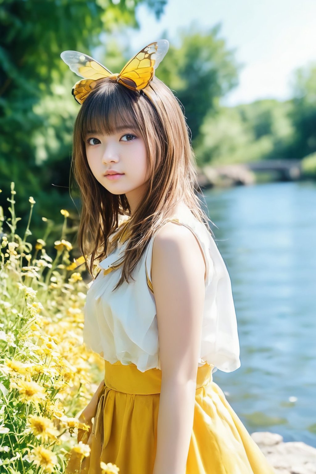 (masterpiece, 8k, photorealistic, RAW photo, best quality, sharp: 1), summer sunshine, A fresh breeze, fluttering hair, outdoor, cute pose, ((A girl cosplaying as a honey bee)),little_cute_girl