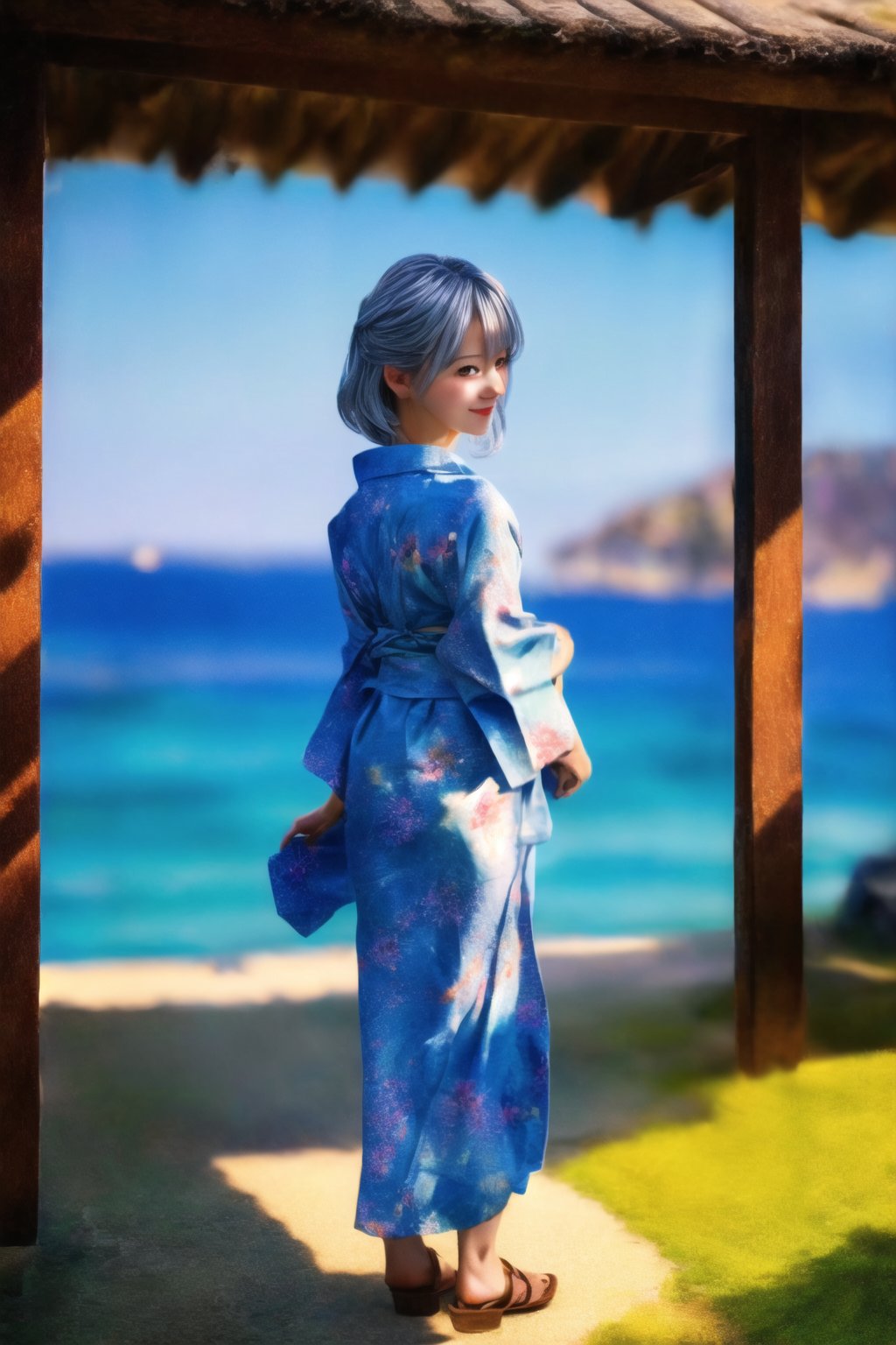 (Top Quality, 8K, High Resolution, masterpiece:1.2), ultra-detailed, realistic, physically based rendering, HDR, colorful lighting, full body, Summer sunshine, girl looking back, silver hair, blue eyes, from below, cute pose, smilling, print_yukata,perfect split lighting