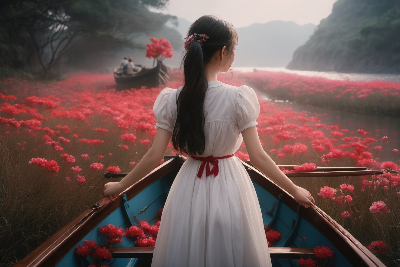 (best quality, 4k, 8K, Hi-Res, Masterpiece: 1.2), Super detailed, (Real, Photorealistic, Photorealistic: 1.37), crisp and clear lighting, Vibrant colors, detailed standing girl, ((creepy boatman)), red mandarin flowers blooming on the shore, white dress, approaching dead ship, ((The border between the living and the dead)), a deep fog,Add more detail,better_hands,hands,little_cute_girl,SDXL,aesthetic portrait