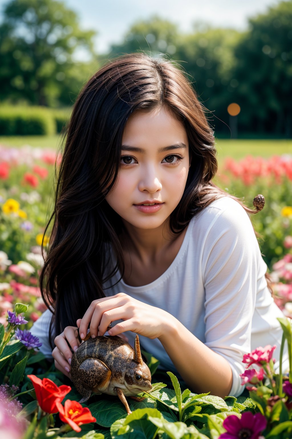 Best Quality, 32k, photorealistic, ultra-detailed, finely detailed, high resolution, perfect dynamic composition, beautiful detailed eyes, sharp, girl playing with snail in a flower field after the rain, rainbow