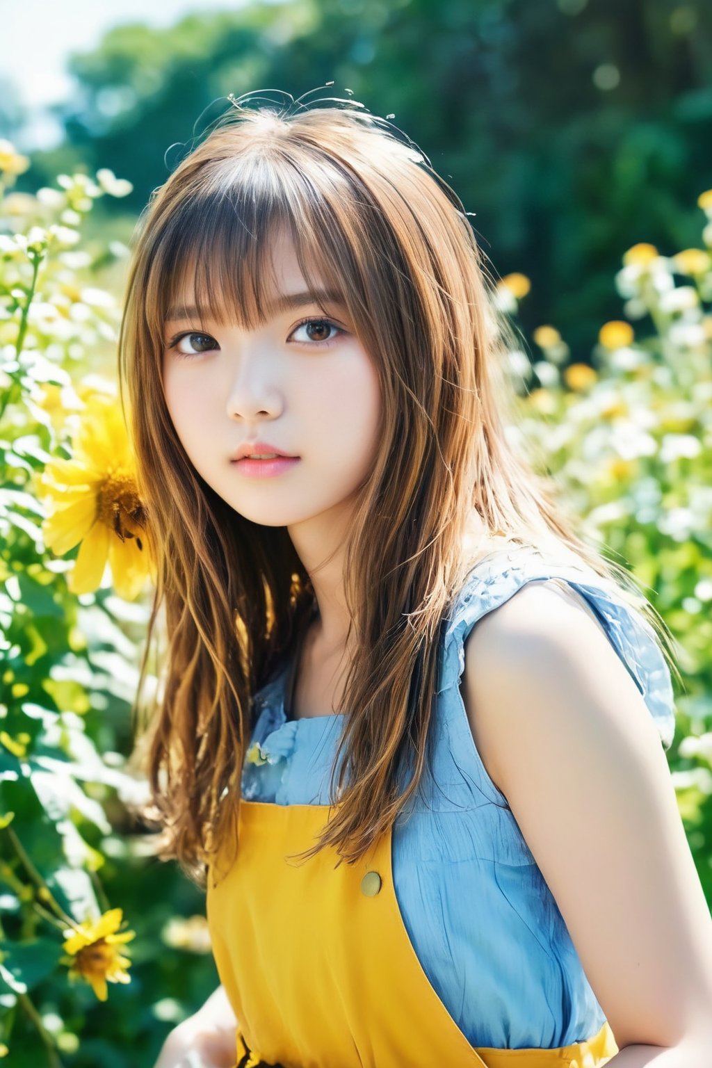 (masterpiece, 8k, photorealistic, RAW photo, best quality, sharp: 1), summer sunshine, A fresh breeze, fluttering hair, outdoor, cute pose, ((A girl cosplaying as a honey bee)), with bees flying around her