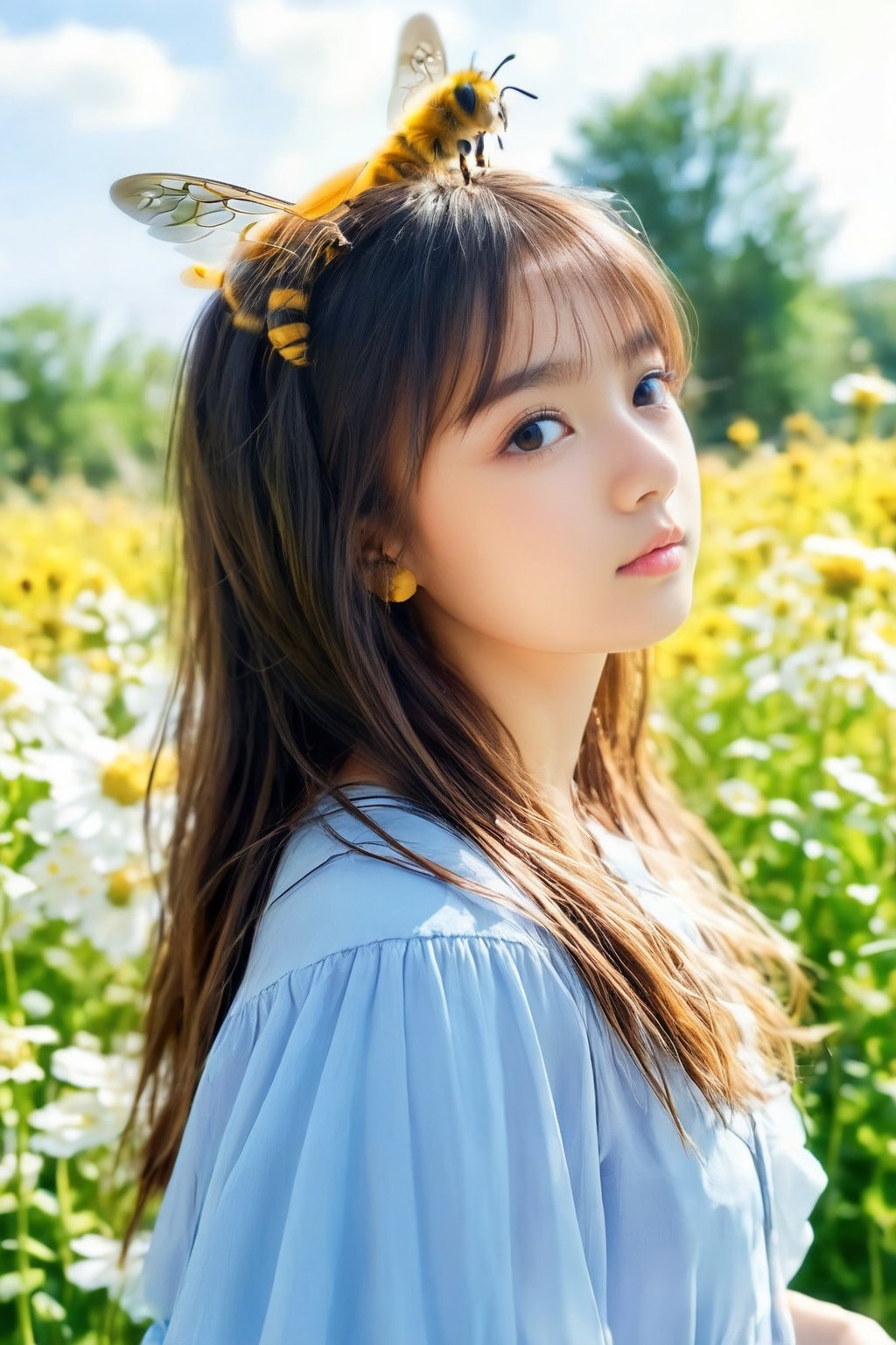 (masterpiece, 8k, photorealistic, RAW photo, best quality, sharp: 1), summer sunshine, A fresh breeze, fluttering hair, outdoor, cute pose, ((A girl cosplaying as a honey bee)), with bees flying around her