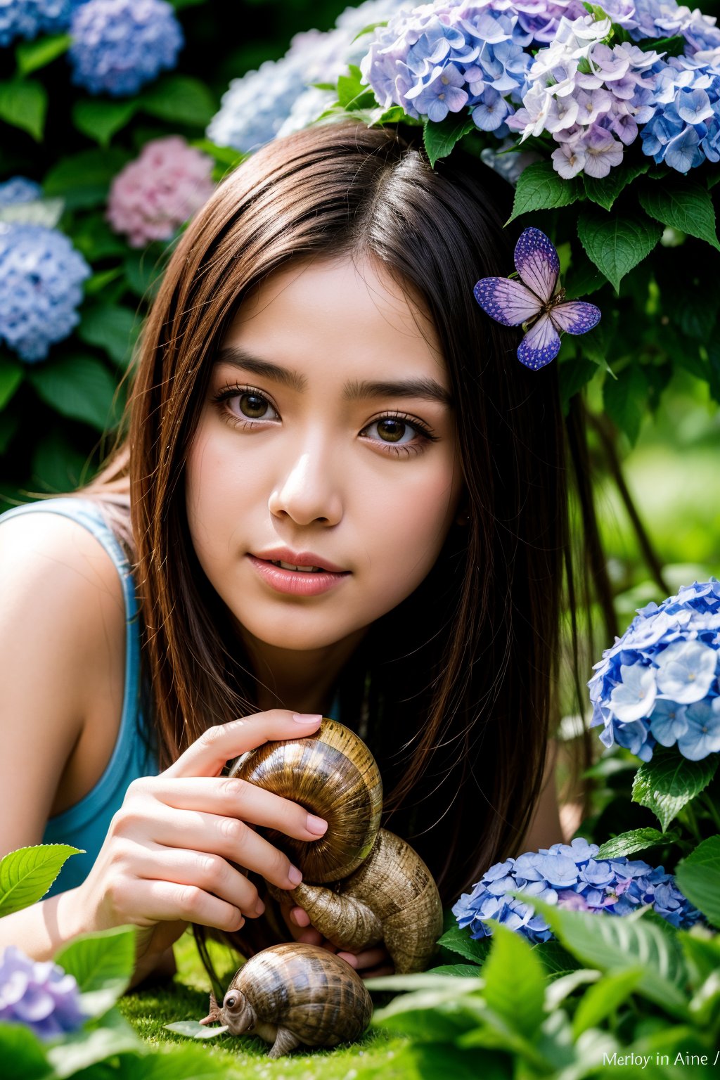 Best Quality, 32k, photorealistic, ultra-detailed, finely detailed, high resolution, perfect dynamic composition, beautiful detailed eyes, sharp, girl playing with big snail in a flower field after the rain, rainbow, hydrangea